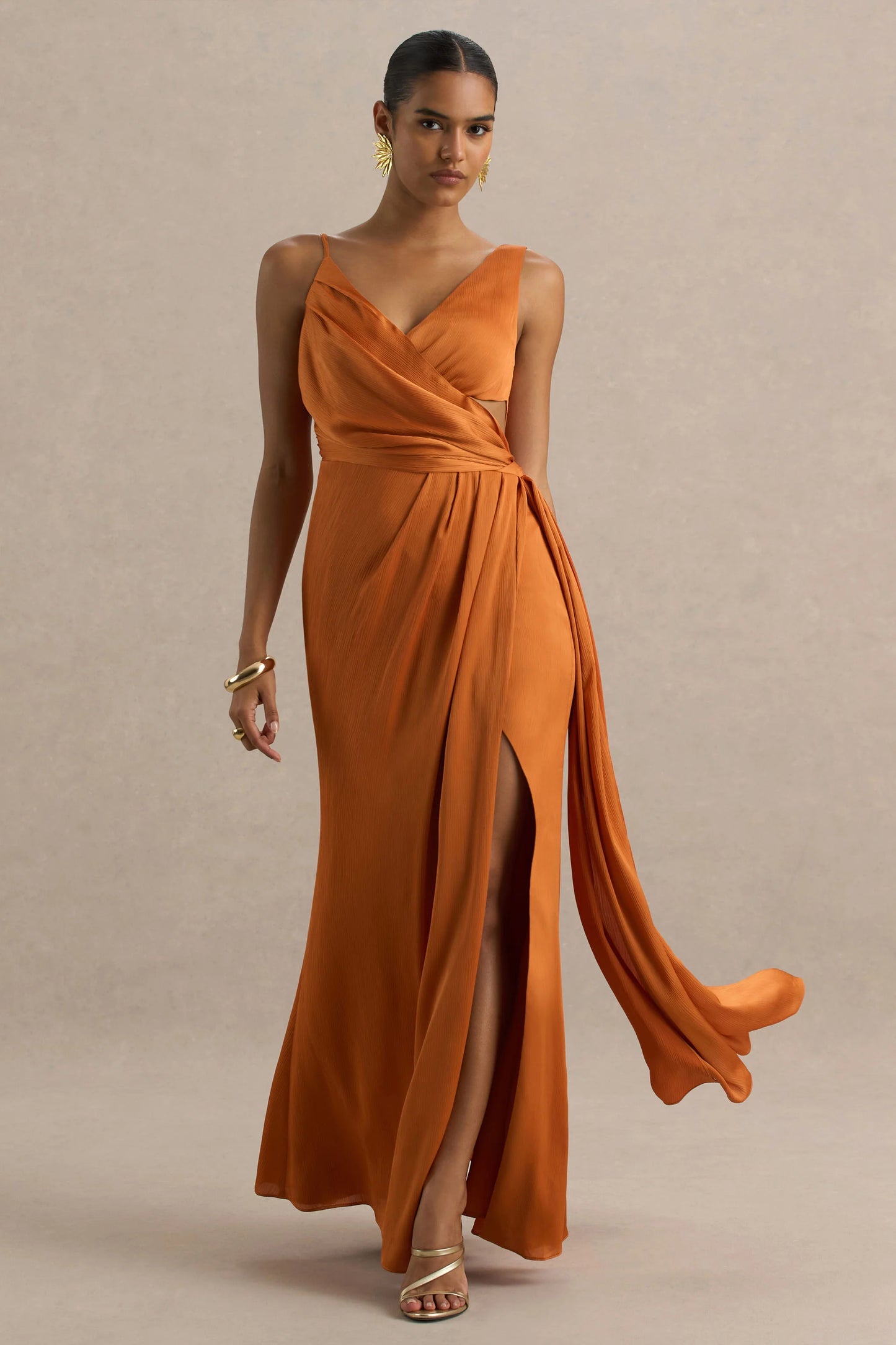 Livia Orange Plunge-Neck Fishtail Maxi Dress