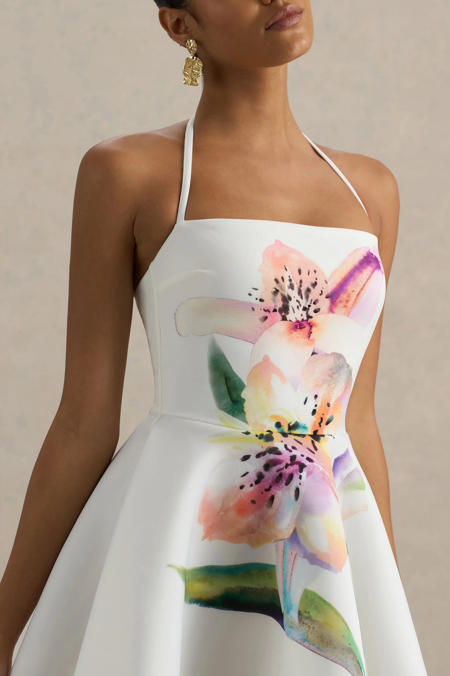 Taylor White Lily Print Square-Neck Mini Dress