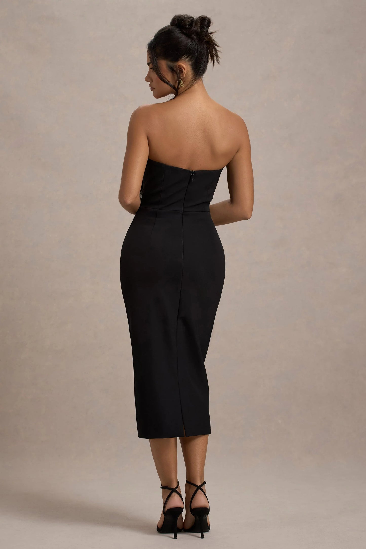 Moya Black & Gold Bodycon Midi Dress With Corsage Detail