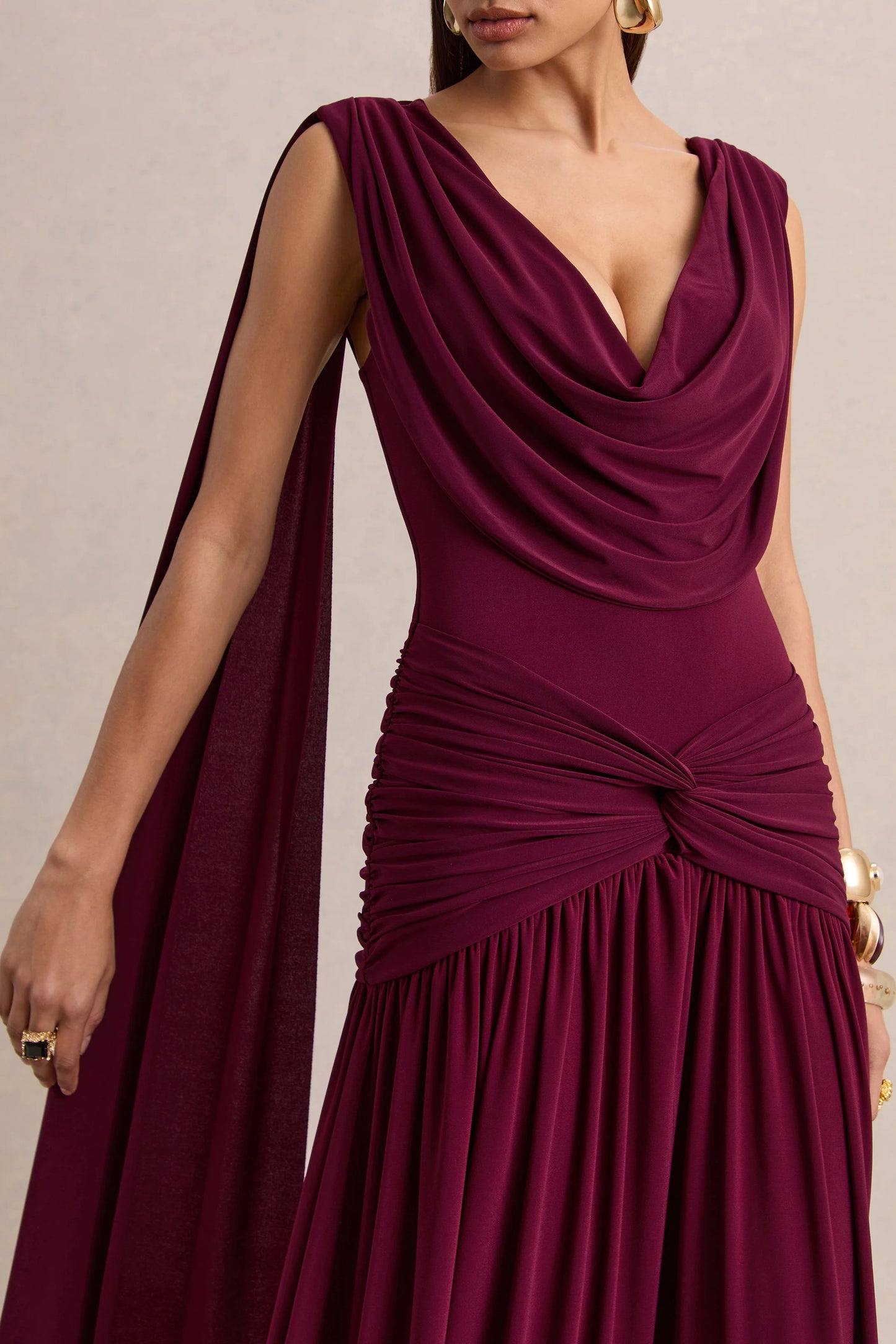Amelisse Burgundy Plunge-Neck Maxi Dress With Ruched-Detailing