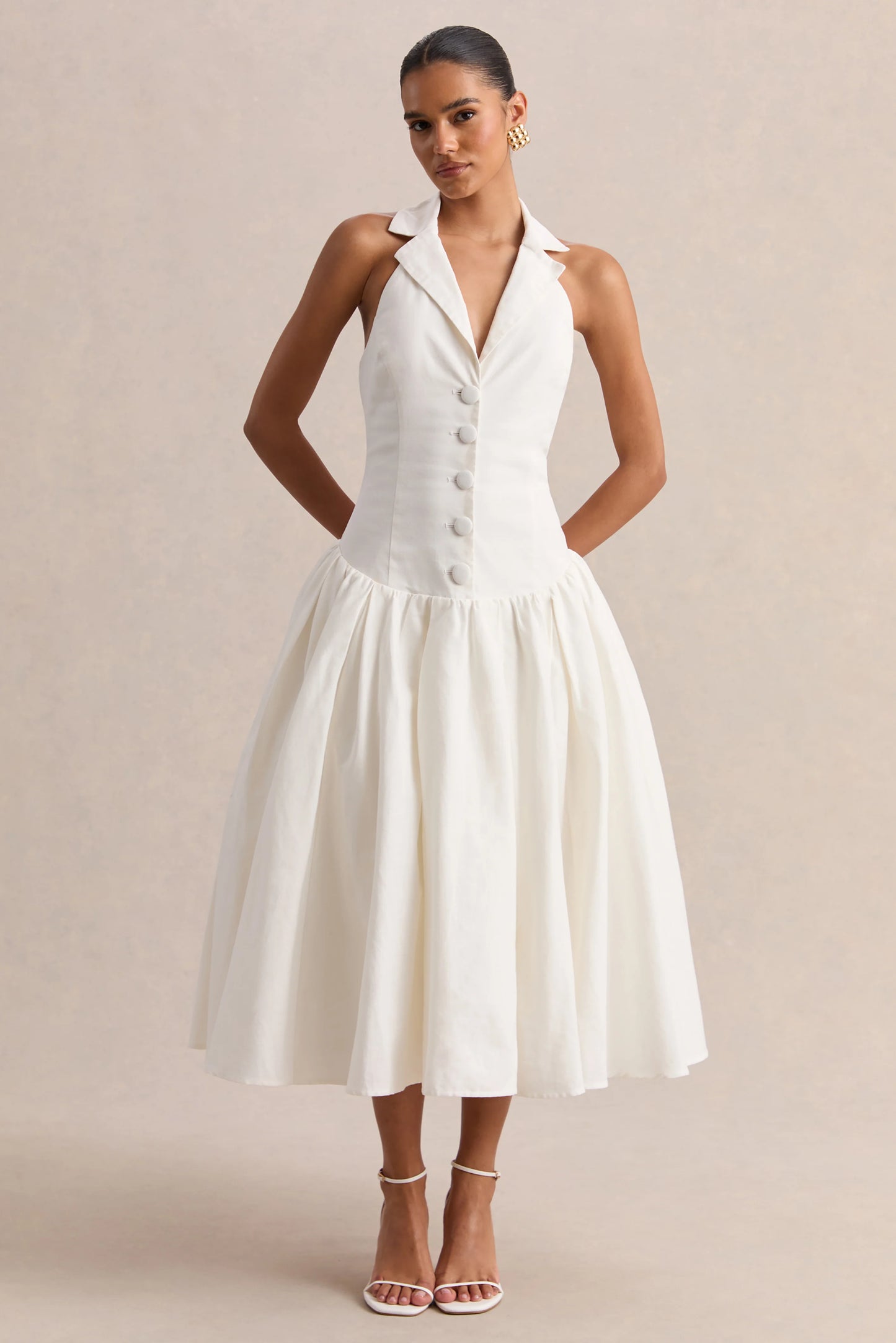 Ella White Plunge-Neck Midi Dress With Drop-Waist