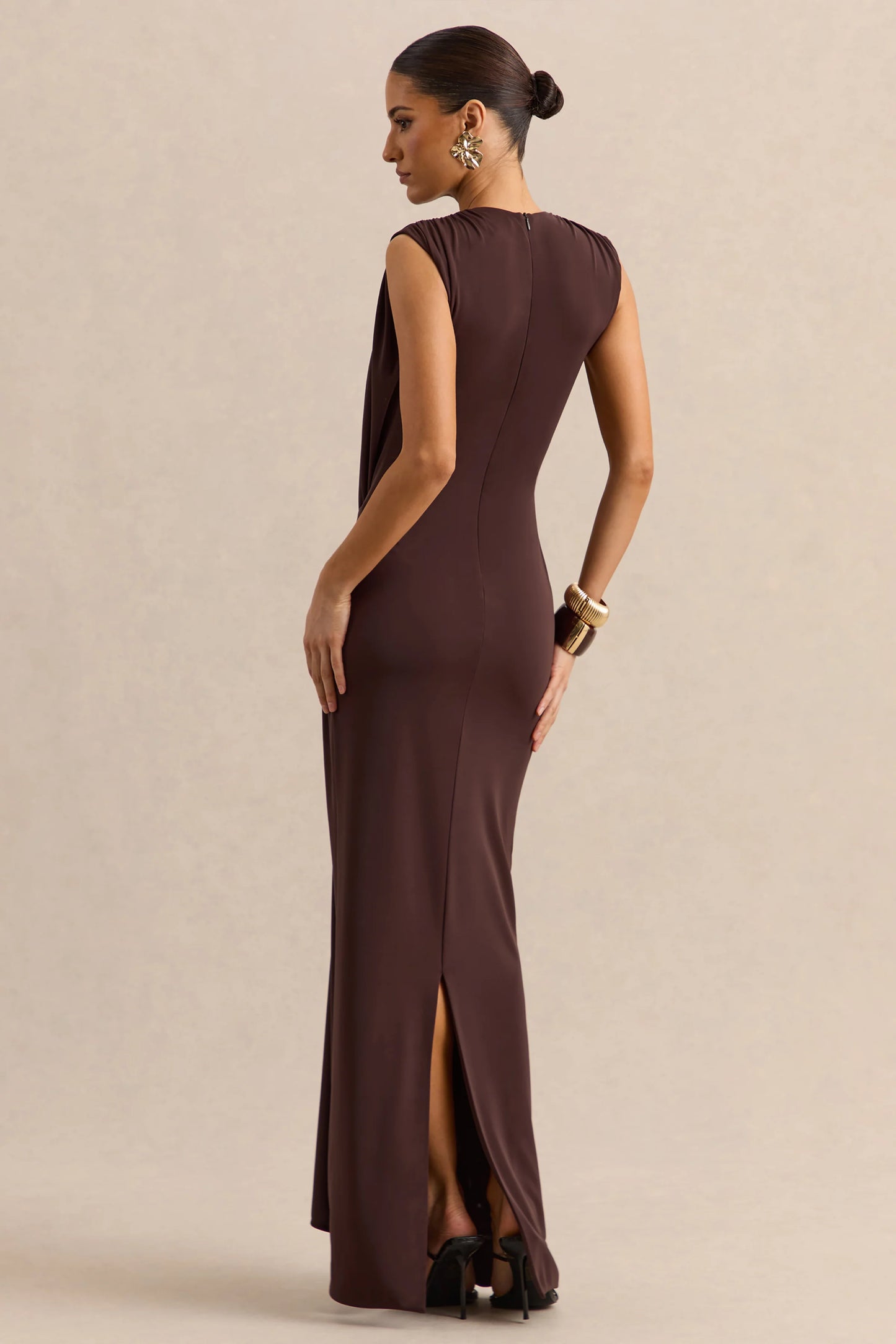 Blythia Brown Round-Neck Maxi Dress With Gathered-Detailing