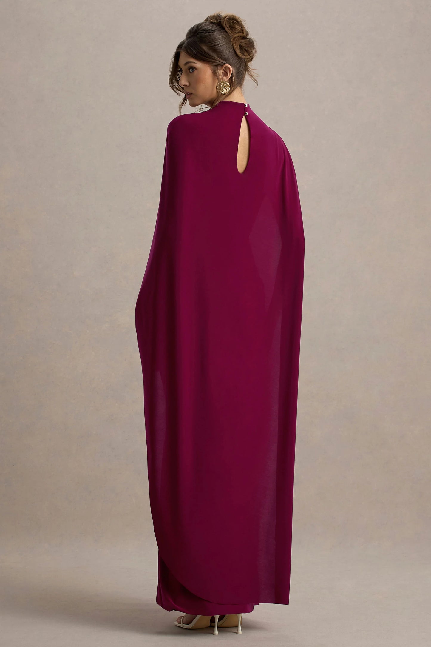 Maeve Burgundy Cape-Sleeve Draped Maxi Dress