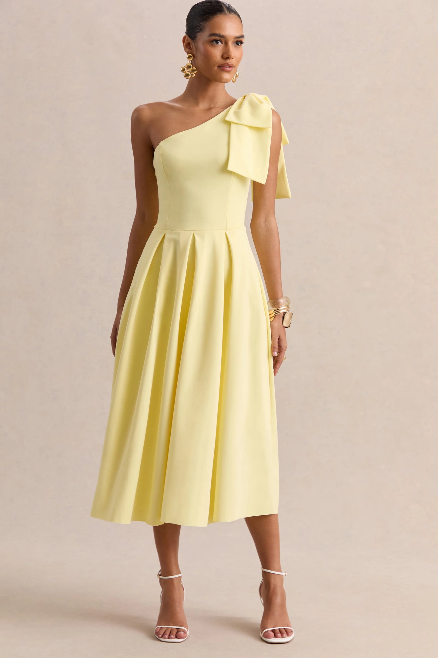 Meria Lemon Asymmetric-Neck Midi Dress With Bow-Sleeve