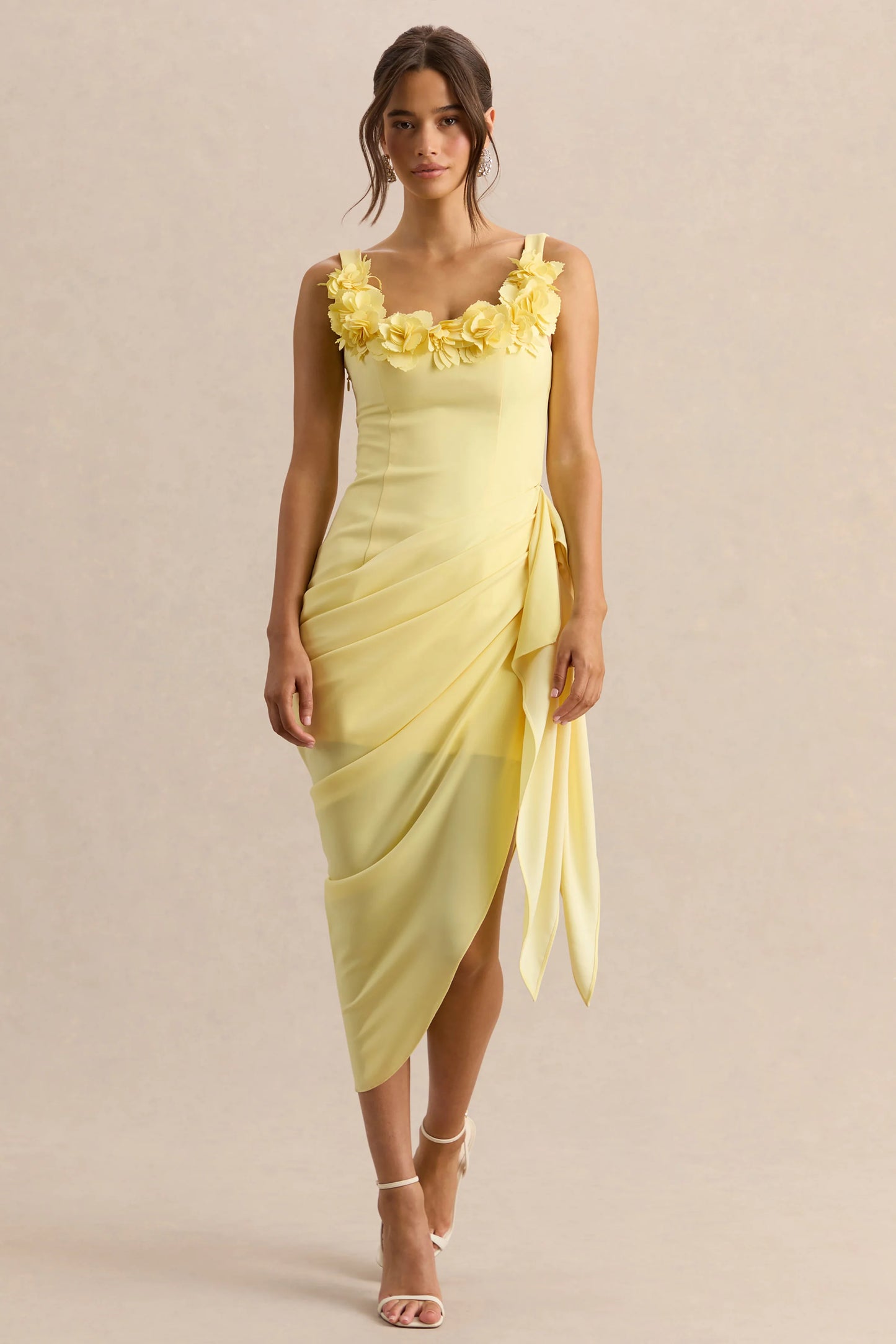 Letitia Lemon Scoop-Neck Embellished Wrap Midi Dress