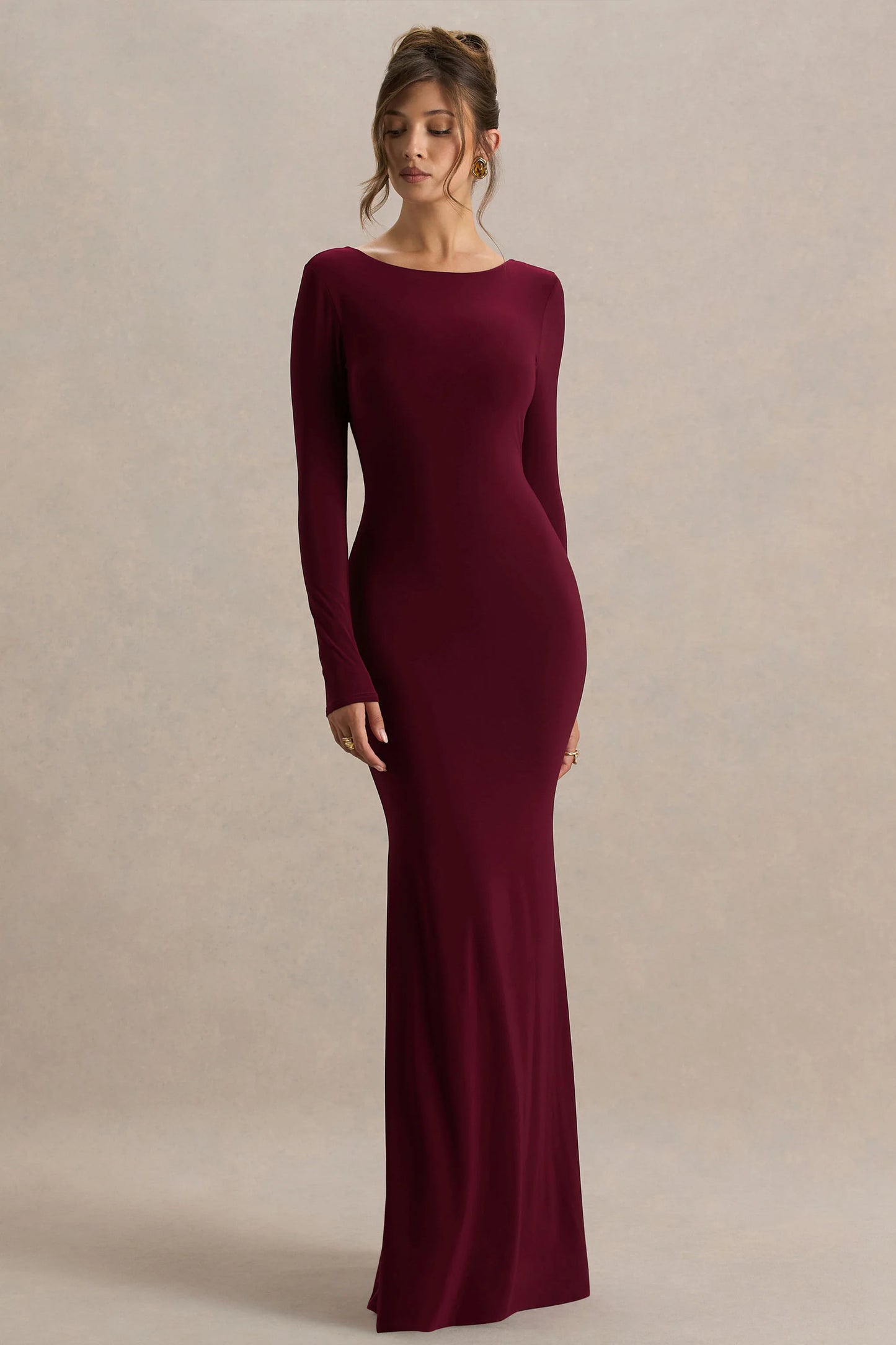 Estelle Burgundy Boat-Neck Maxi Dress With Open-Back And Lace Detail