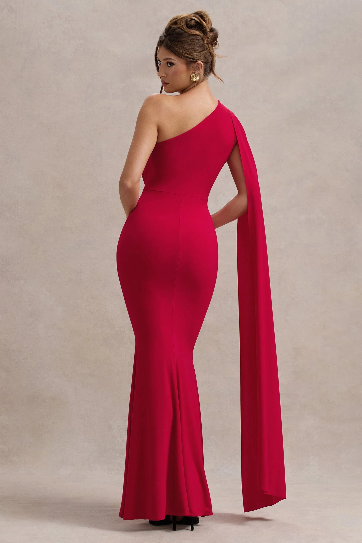 Elaina Red Asymmetric Knot Maxi Dress With Sash