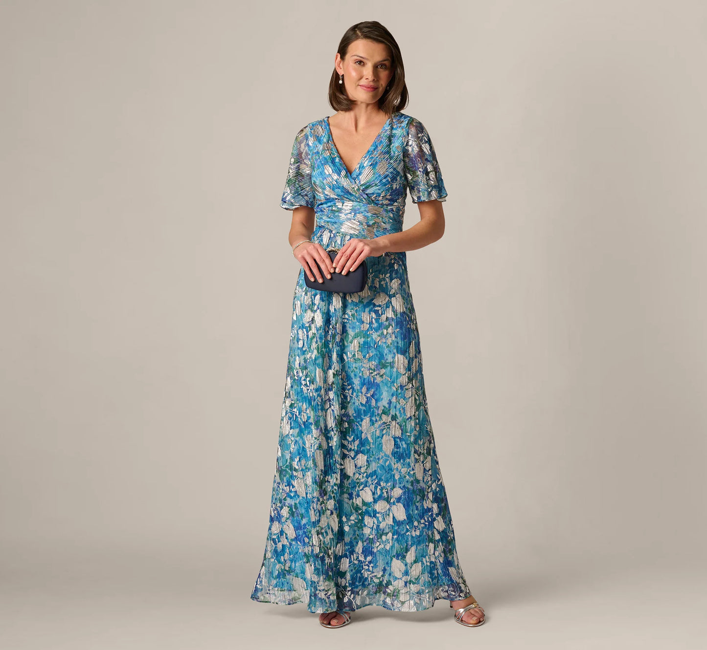Flutter Sleeve Crinkle Foil Floral Gown In Blue Multi