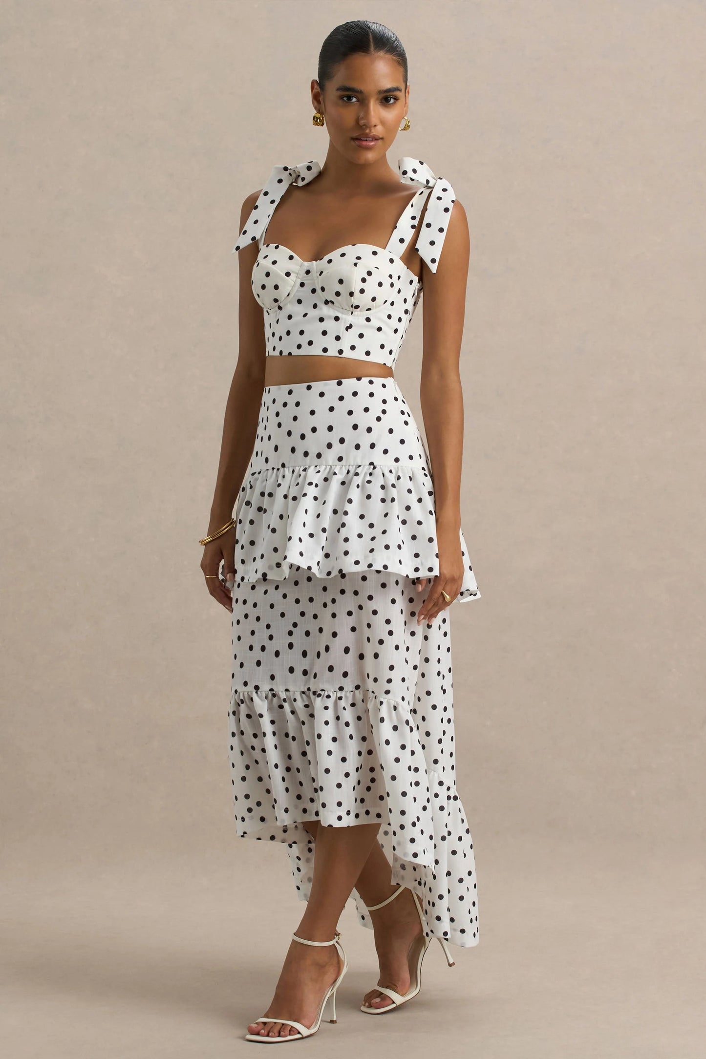 Emry White Polka Dot High-Waist Maxi Skirt With Ruffle Detail