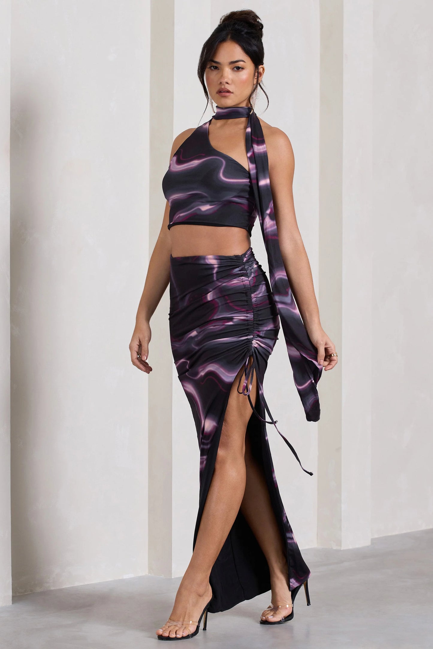 In The Air Black Printed Ruched Asymmetric High-Waisted Maxi Skirt