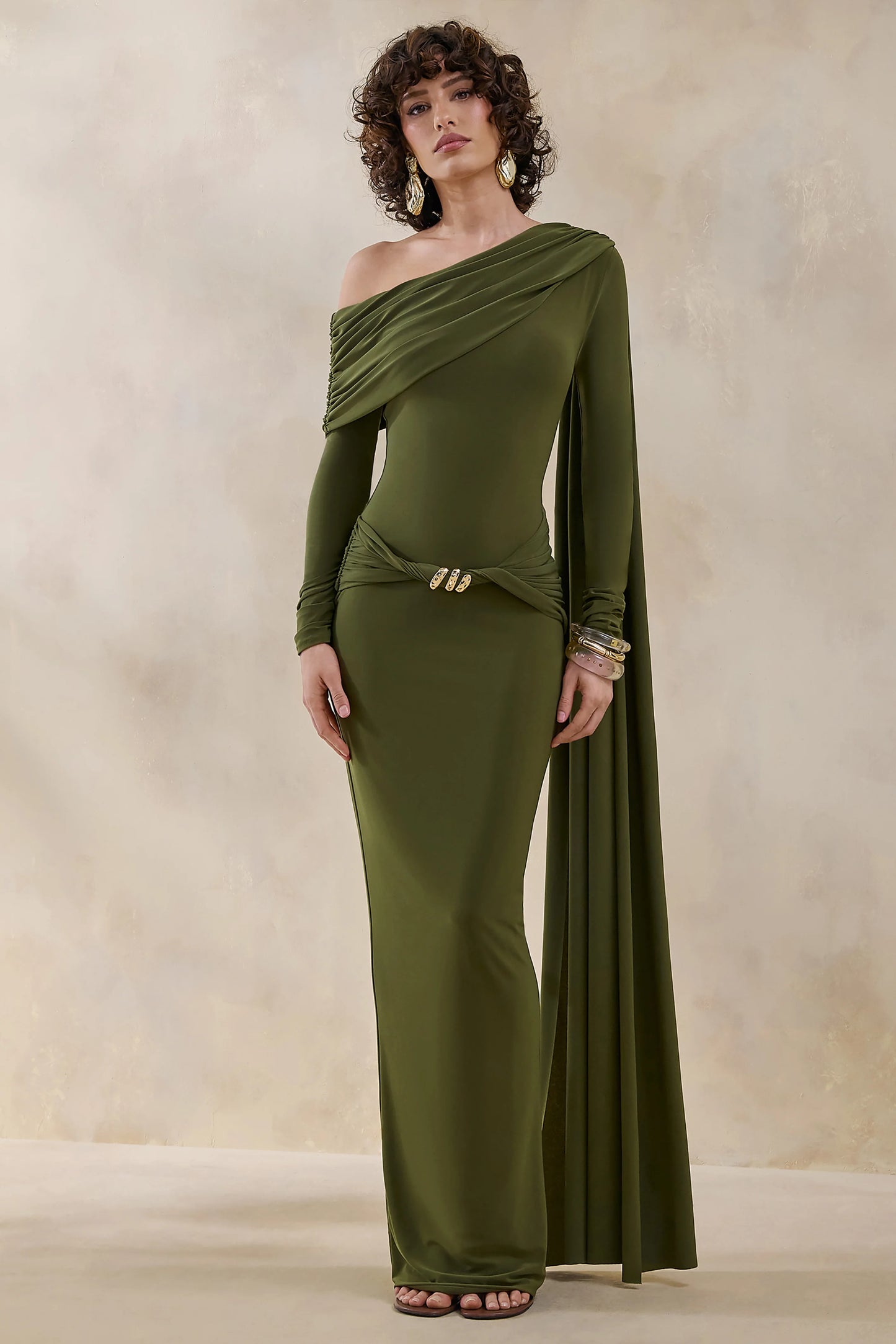 Bessy Green Asymmetric-Neck Maxi Dress With Gathered-Detailing And Sash