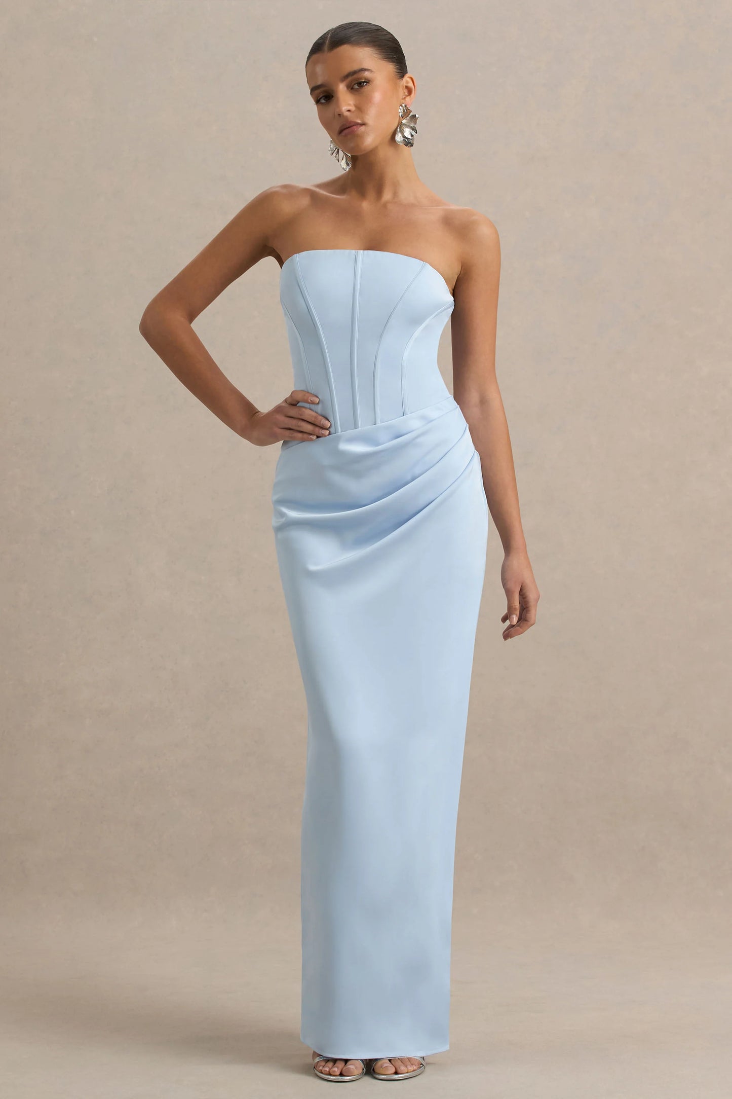 Joseline Powder Blue Satin Corset Wrap Maxi Dress With Scarf