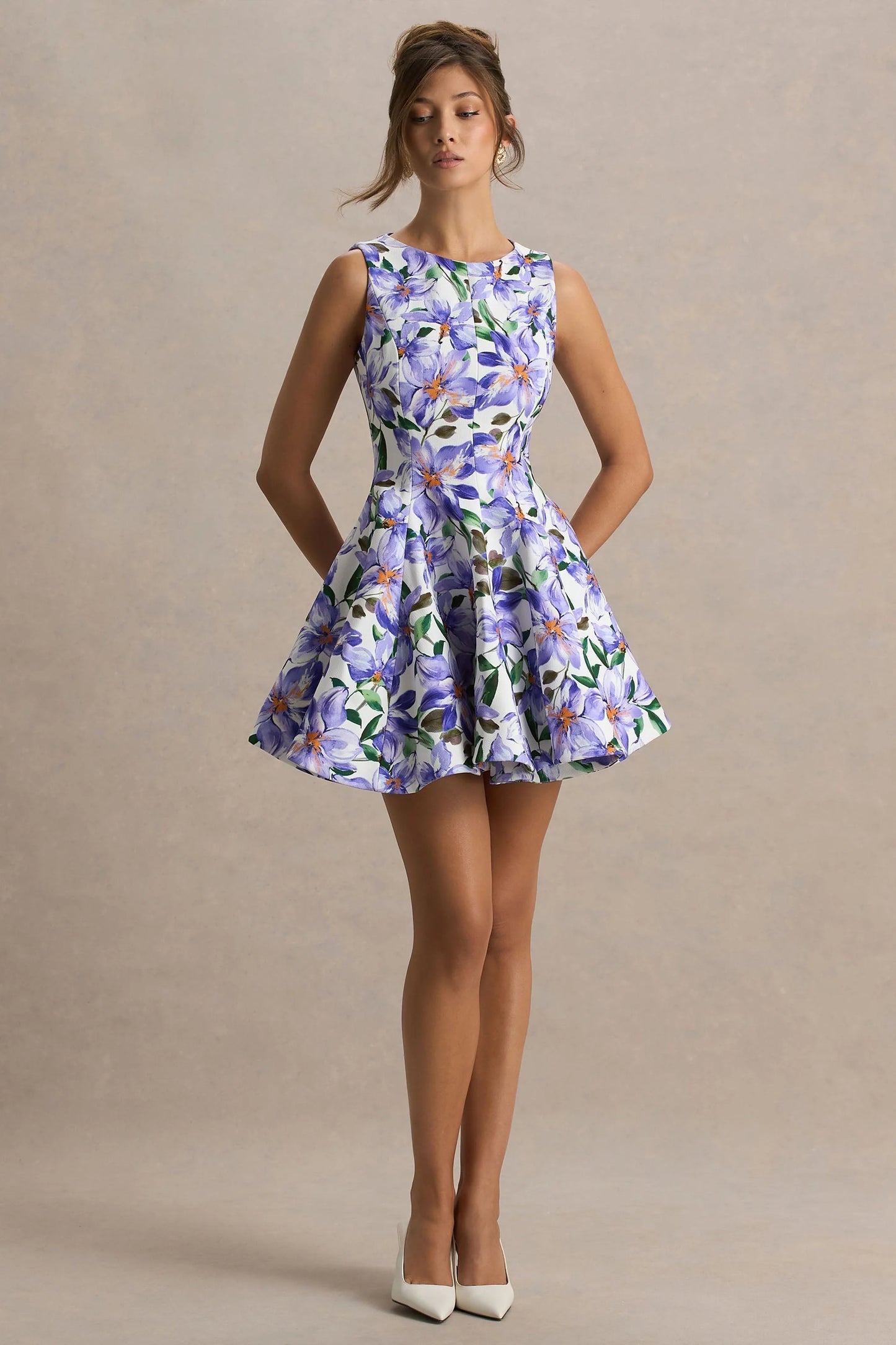 Gabrielle Purple Lily Print Boat-Neck Skater Mini Dress