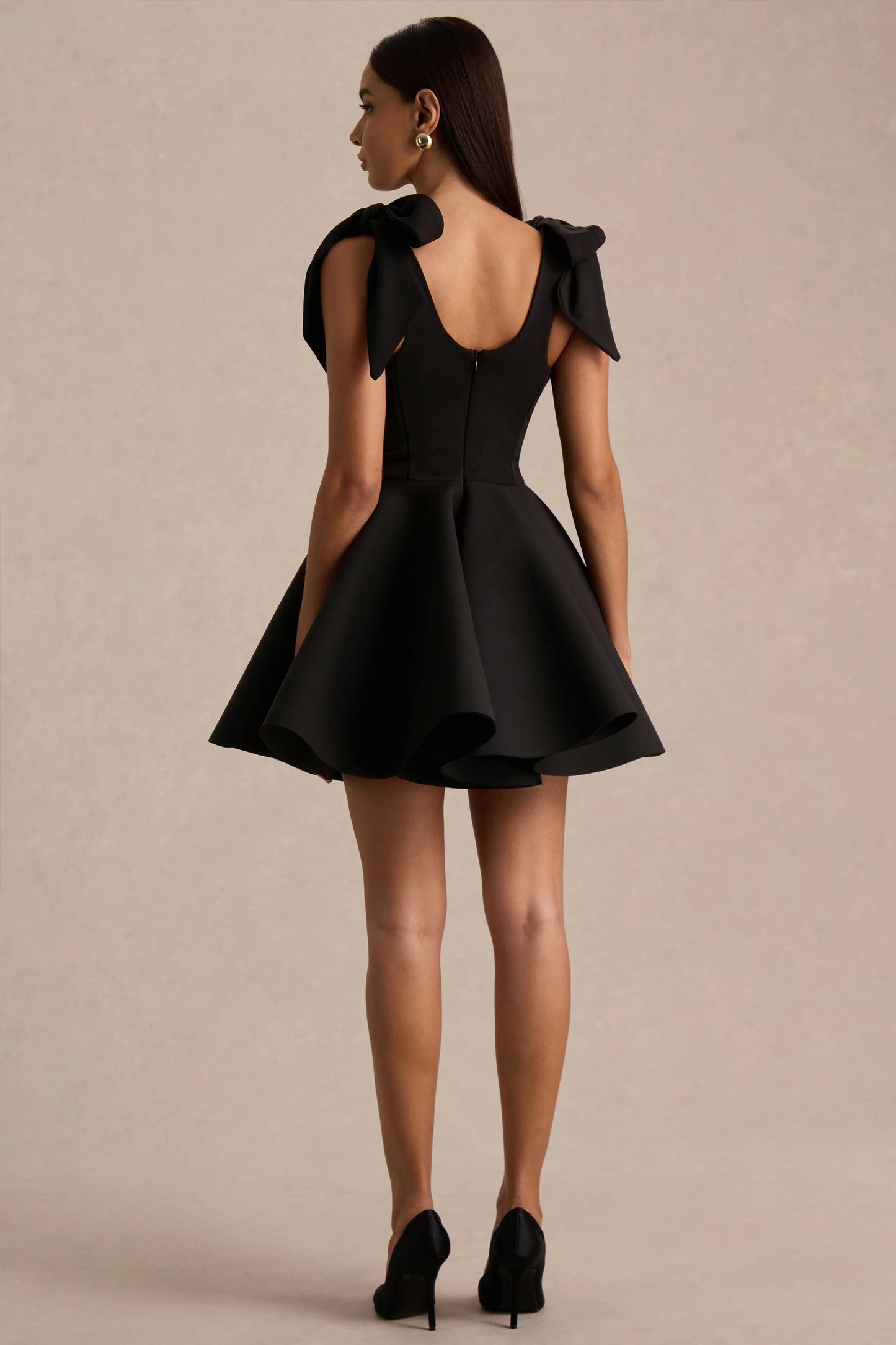 Hestia Black Sweetheart-Neck Mini Dress With Bow Sleeves