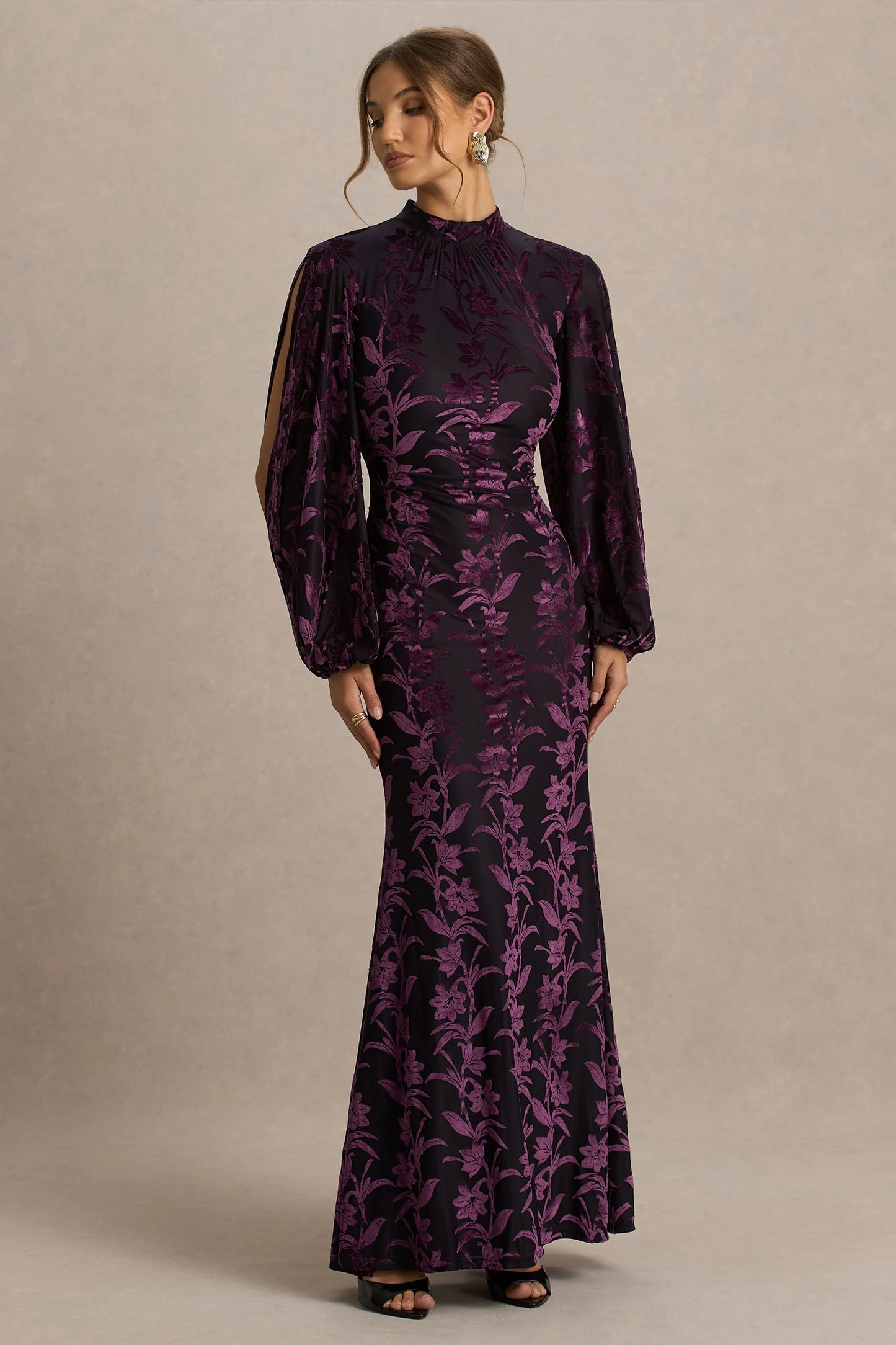 Janet Black And Purple Devore High-Neck Maxi Dress With Cut-Out Details