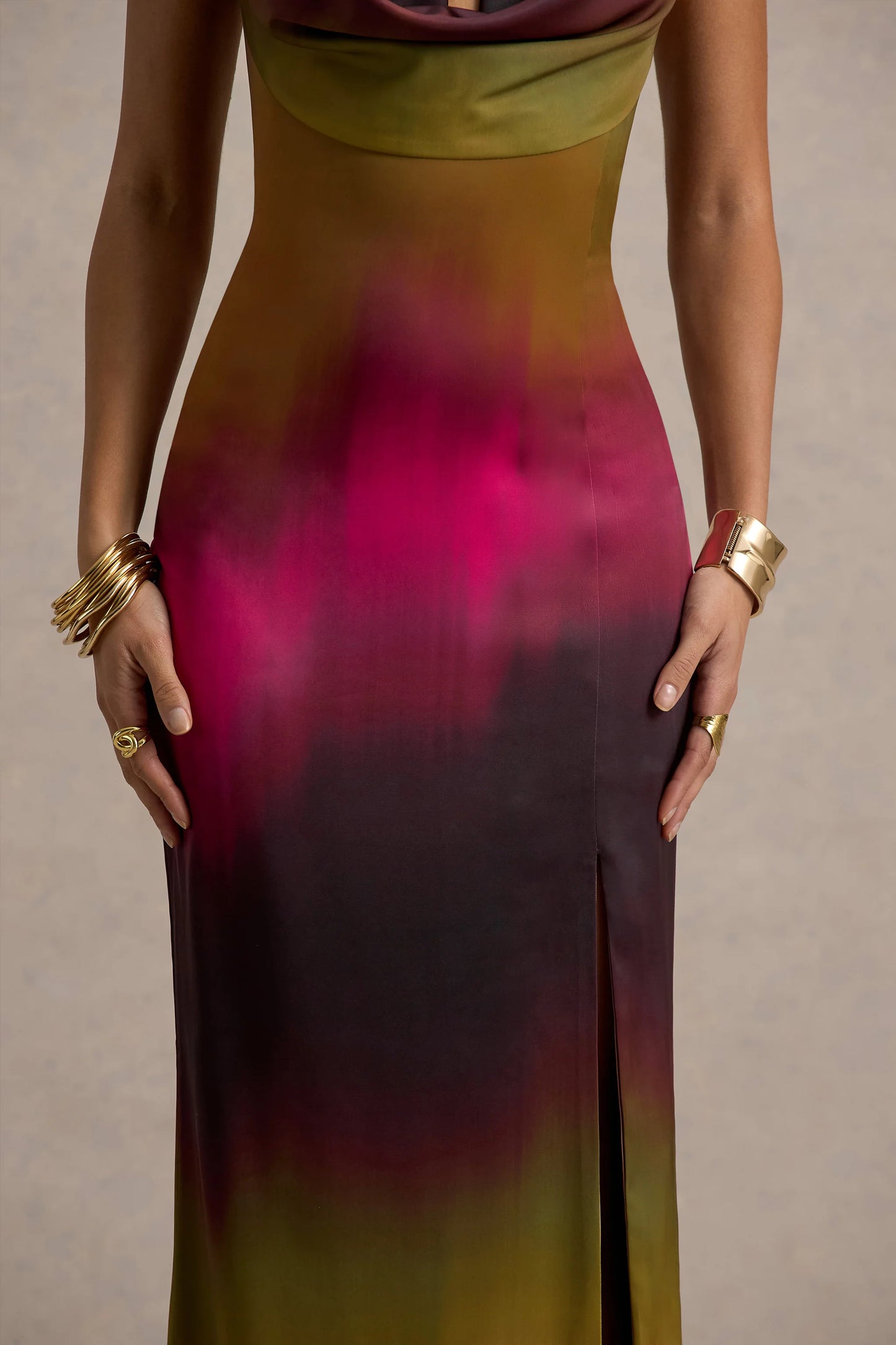 Fiorella Ombre Print Cowl-Neck Split Maxi Dress