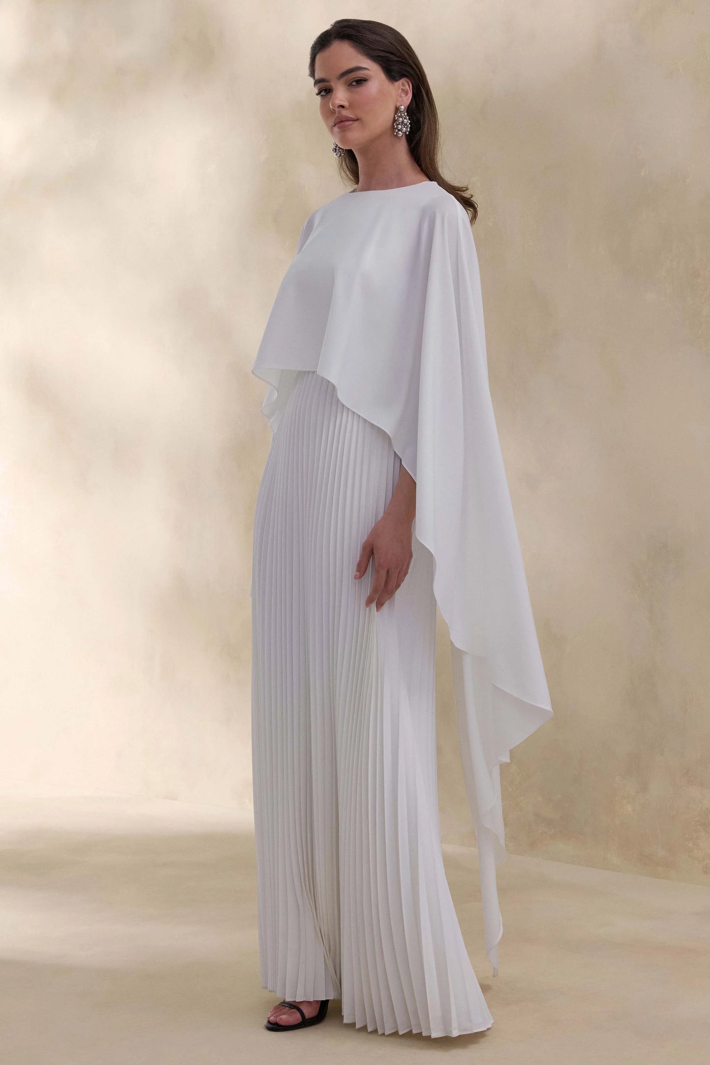 Loradia Cream Satin Round-Neck Maxi Dress With Cape-Sleeves And Pleated-Skirt