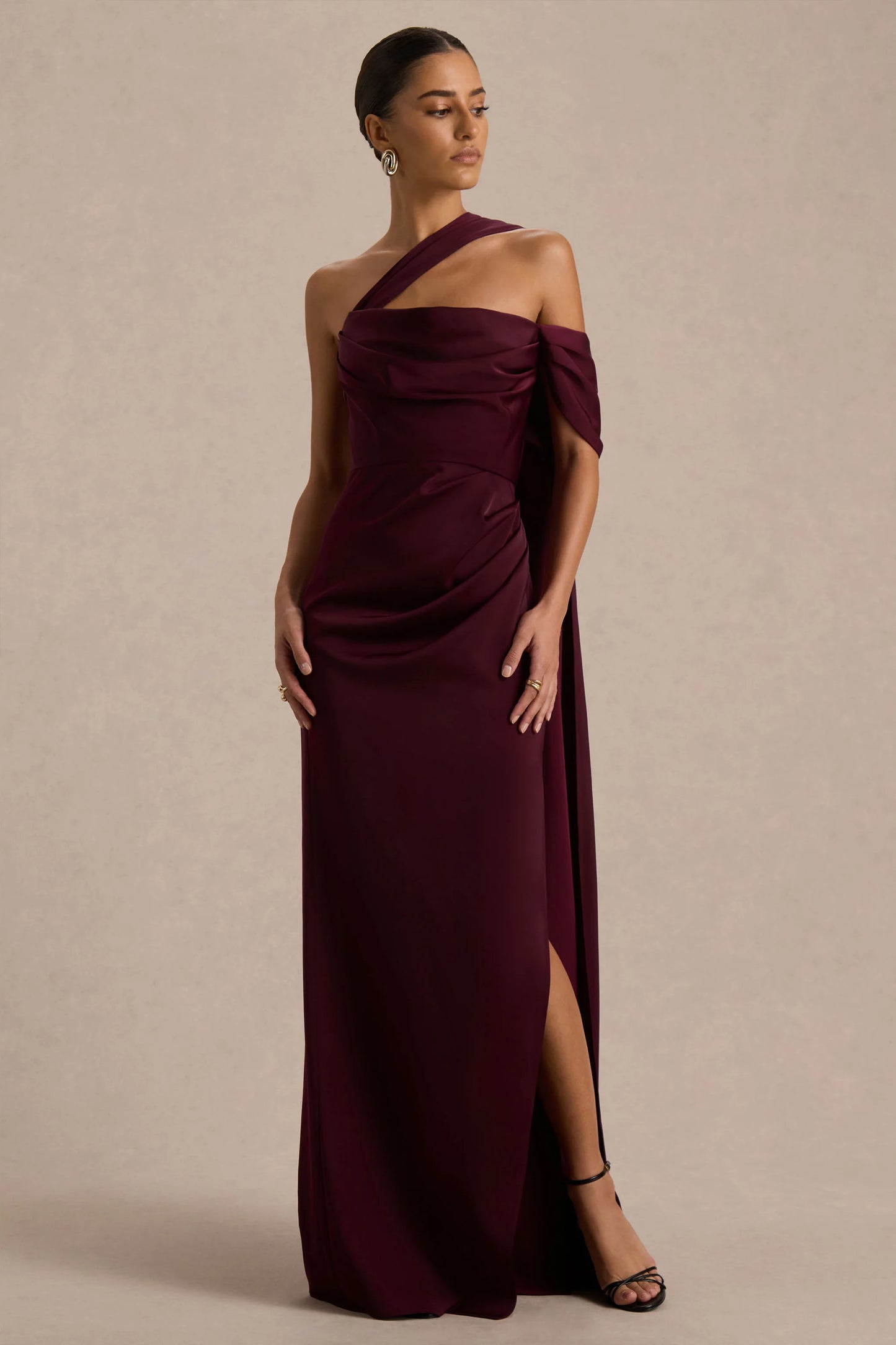 Yazmin Burgundy Satin Asymmetric Maxi Dress With One-Sleeve Cape