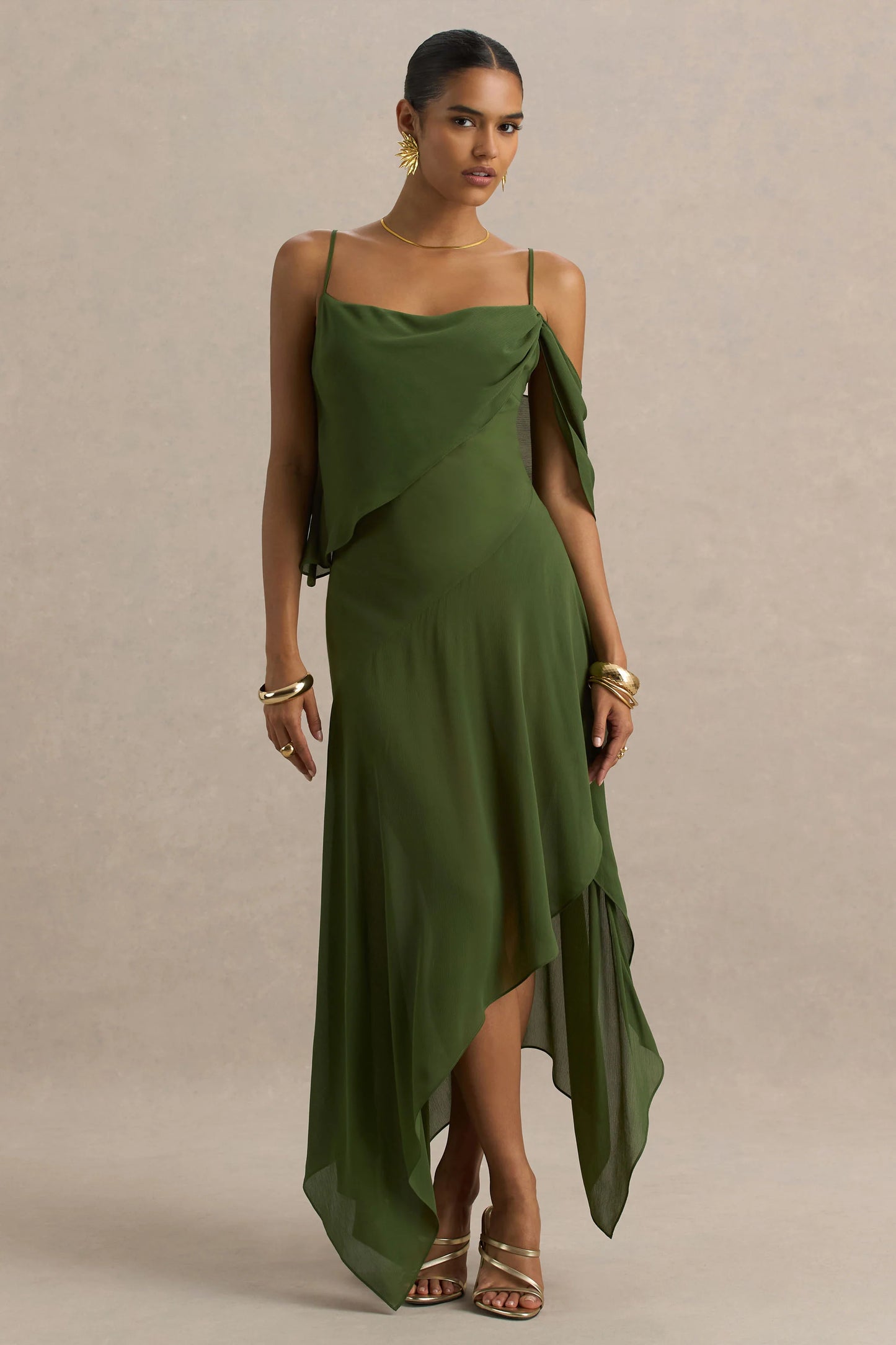 Tiara Green Asymmetric Midi Dress With Draping Detailing and Open-Back