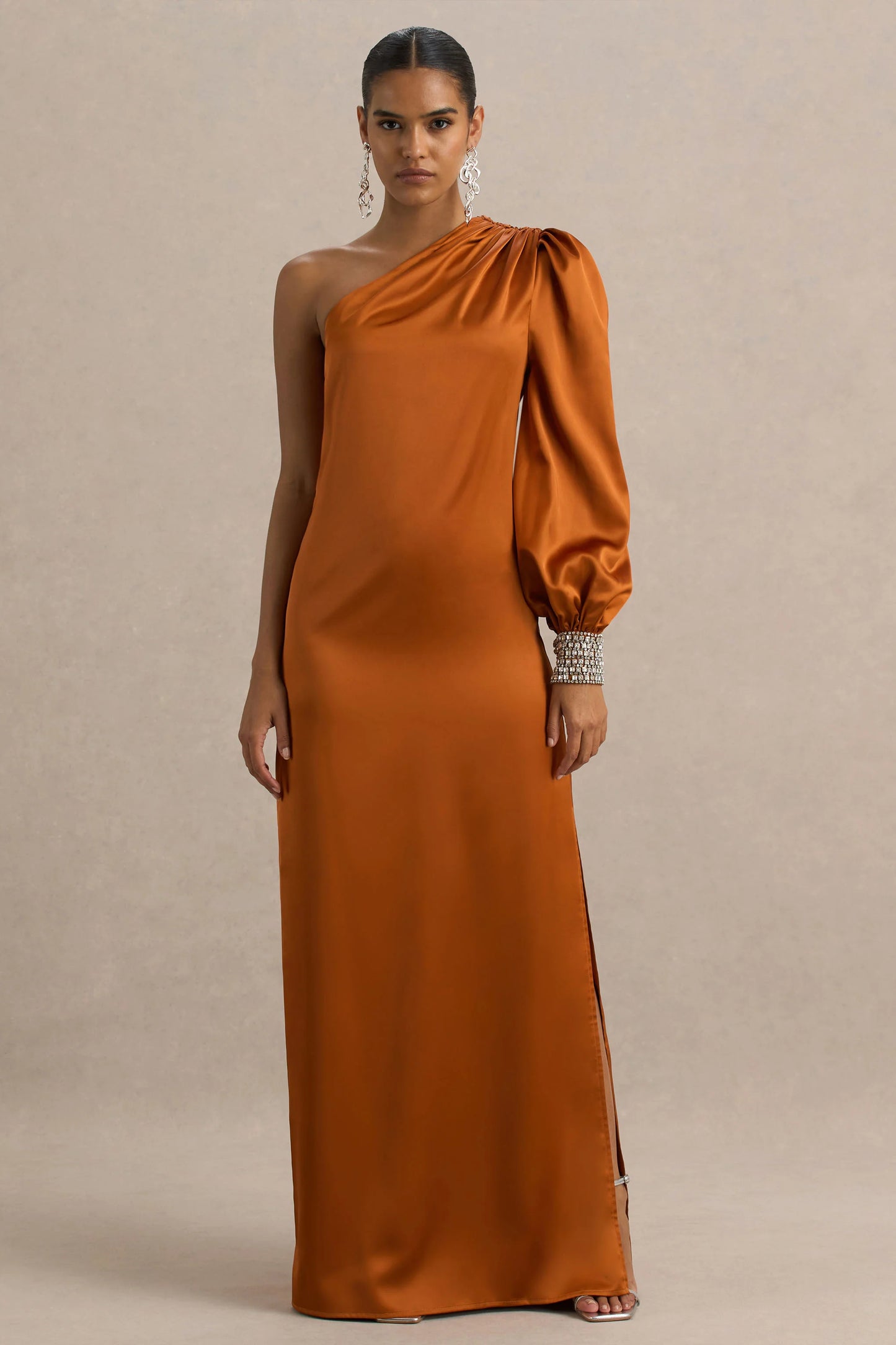 Thelma Orange Satin Asymmetric Maxi Dress With One-Sleeve