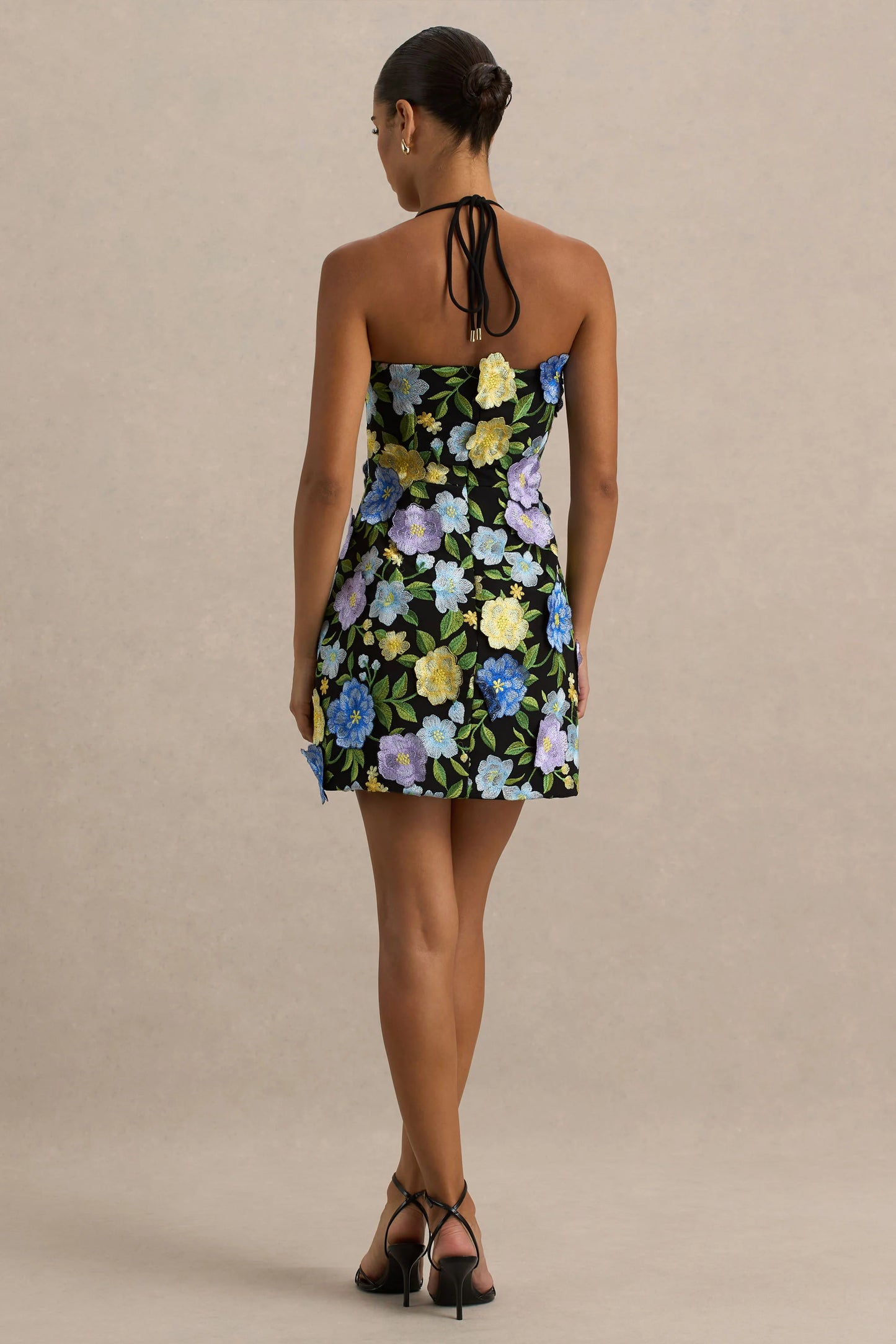 Aisha Black Floral Embellished Square-Neck Mini Dress