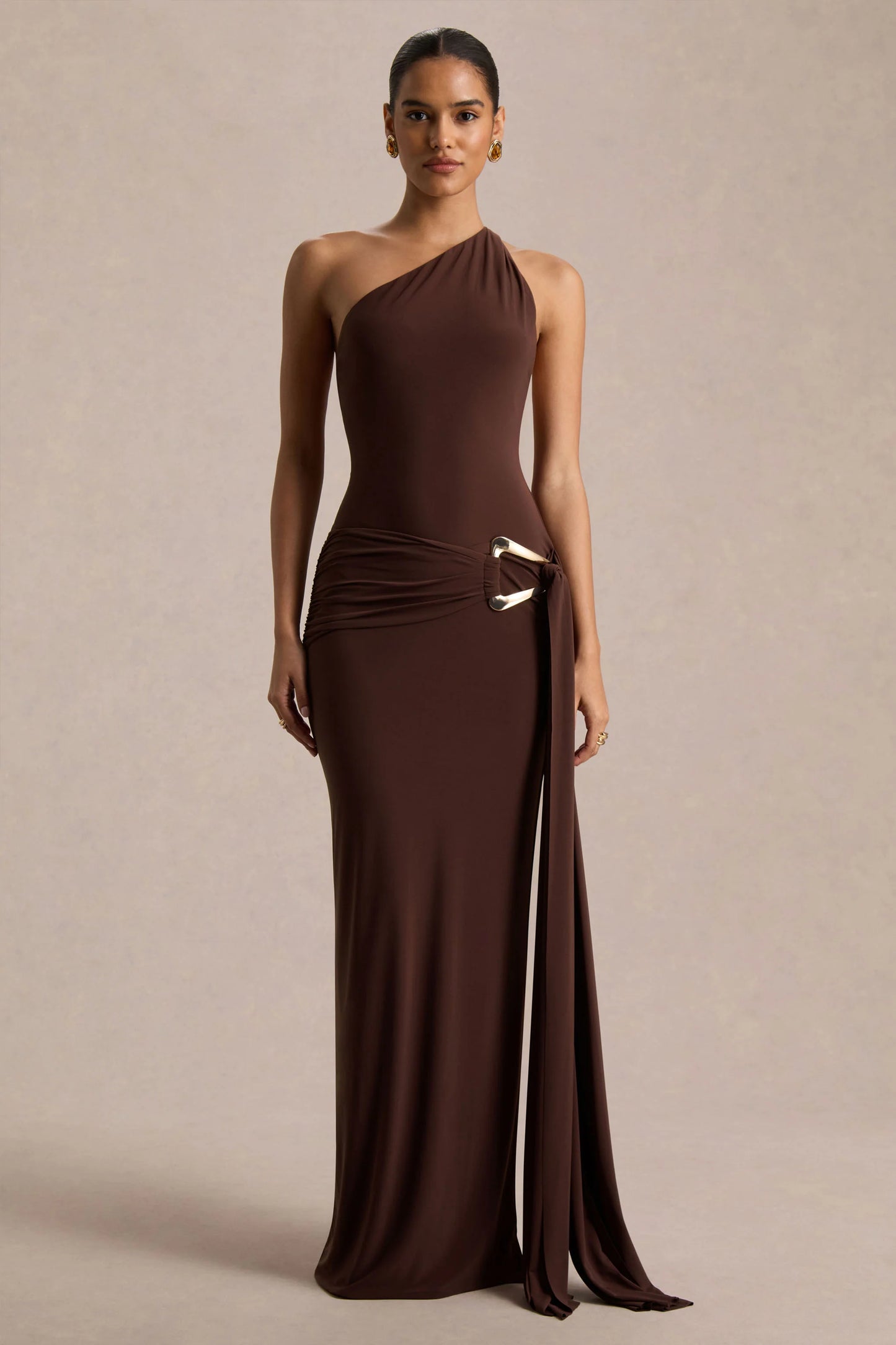 Bonnie Brown Asymmetric-Neck Maxi Dress With Open-Back