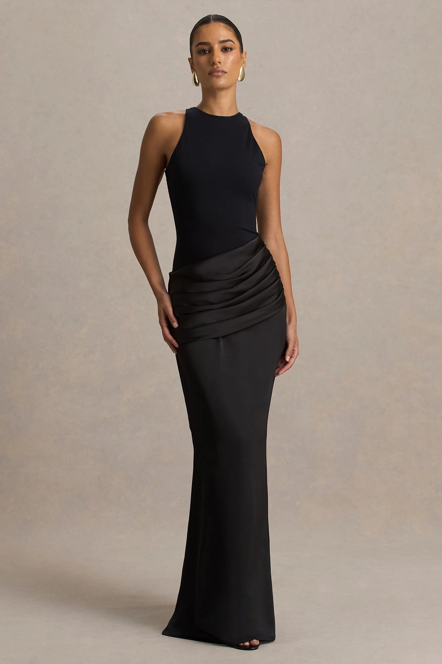 Akari Black Crew-Neck Maxi Dress With Satin Skirt