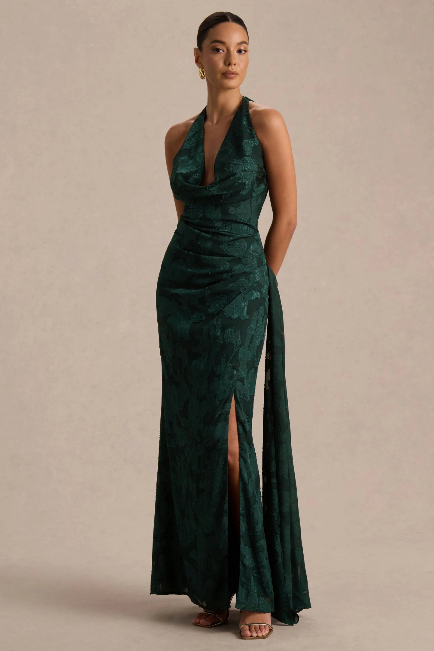 Talula Dark Green Extreme Cowl-Neck Maxi Dress With Sash And Front-High Split
