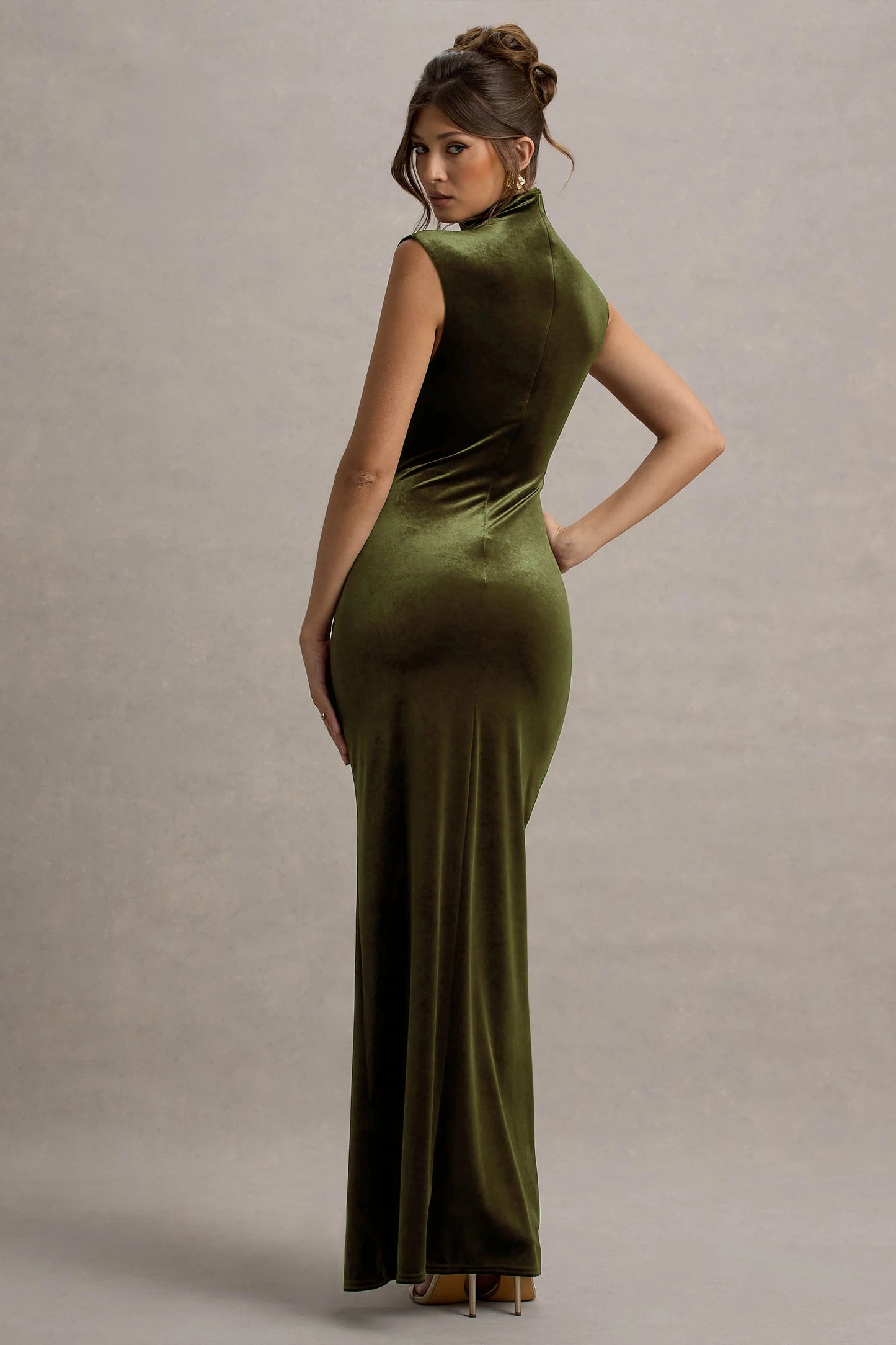Abilene Olive Velvet High-Neck Split Maxi Dress