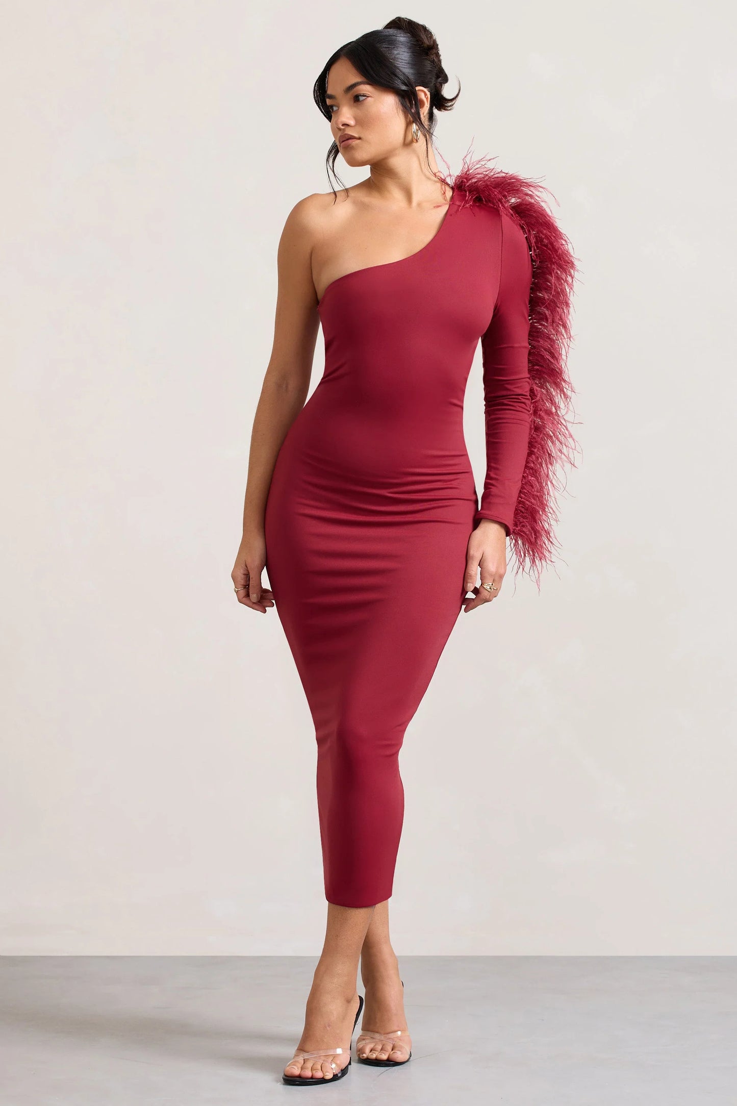 Wild One Burgundy One-Shoulder Bodycon Midi Dress With Feather-Trimmed Sleeve