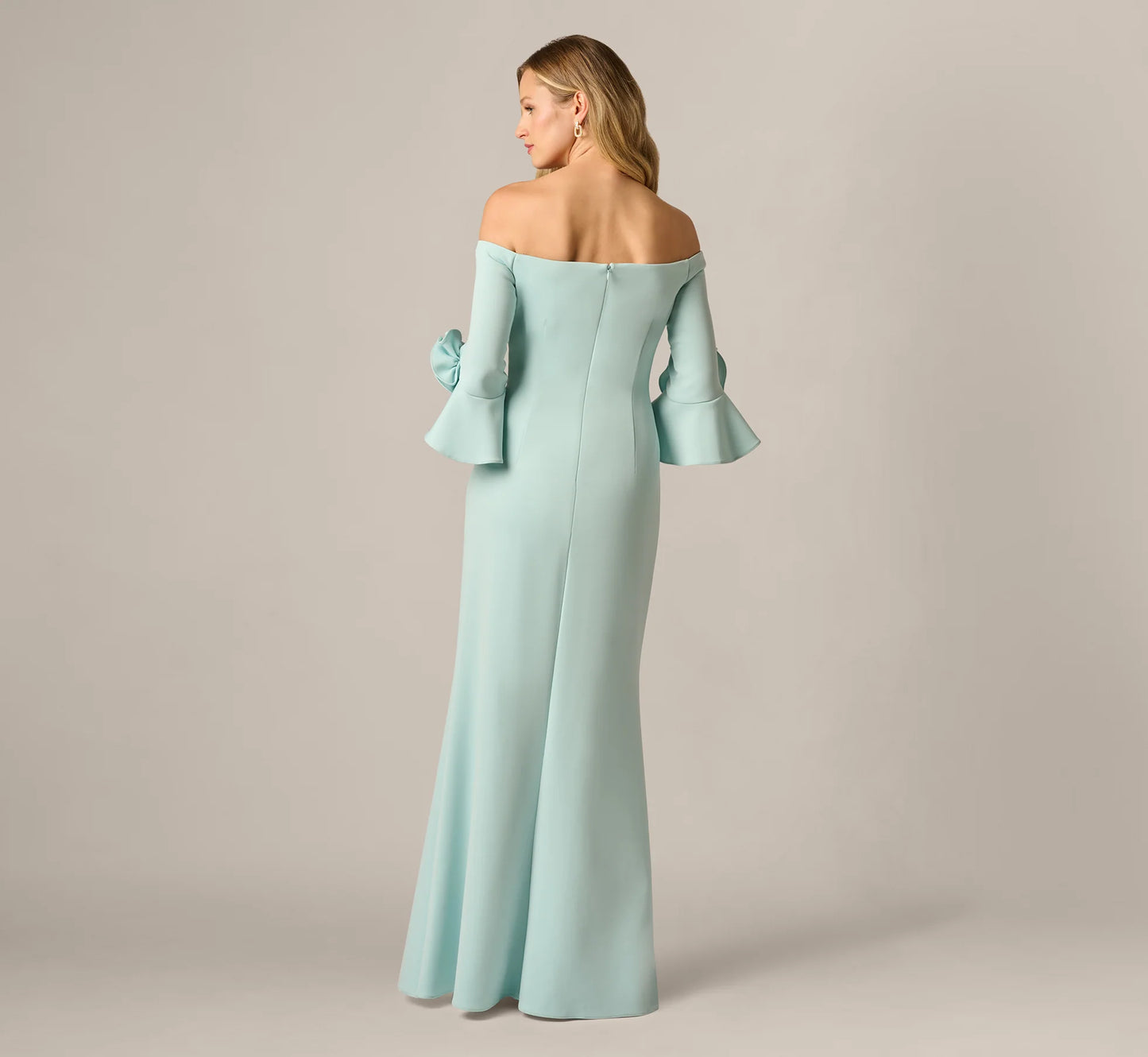 Off Shoulder Bell Sleeve Rosette Gown In Airy Aqua
