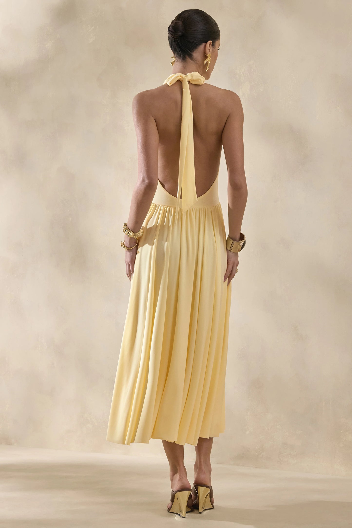 Veyra Lemon Plunge Cowl-Neck Midi Dress