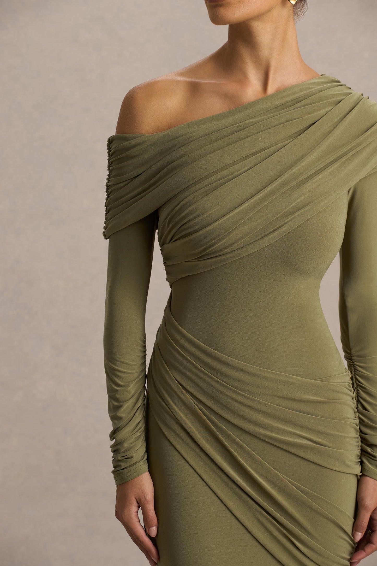 Perrie Olive Asymmetric-Neck Maxi Dress With Ruched Detailing