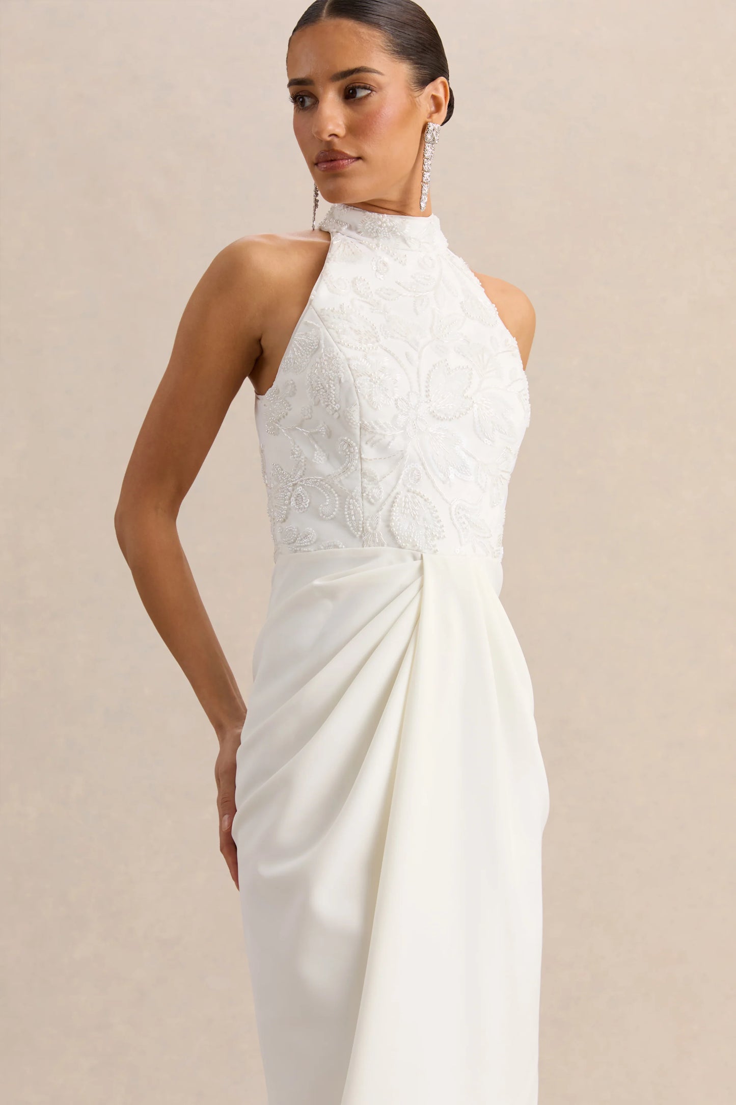 Charlotte White Halter-Neck Maxi Dress With Gathered-Detailing