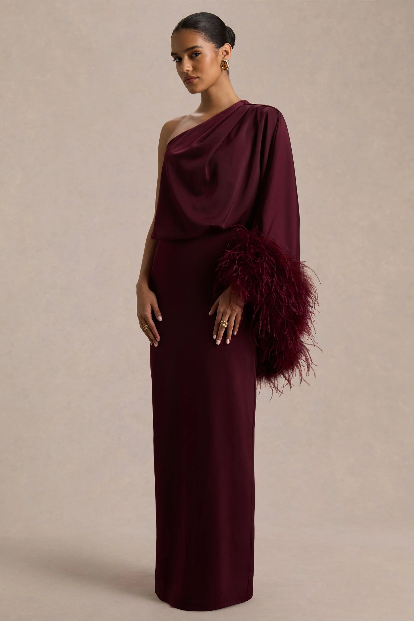 Felicity Burgundy Satin Asymmetric-Neck Maxi Dress With Feather Detailing