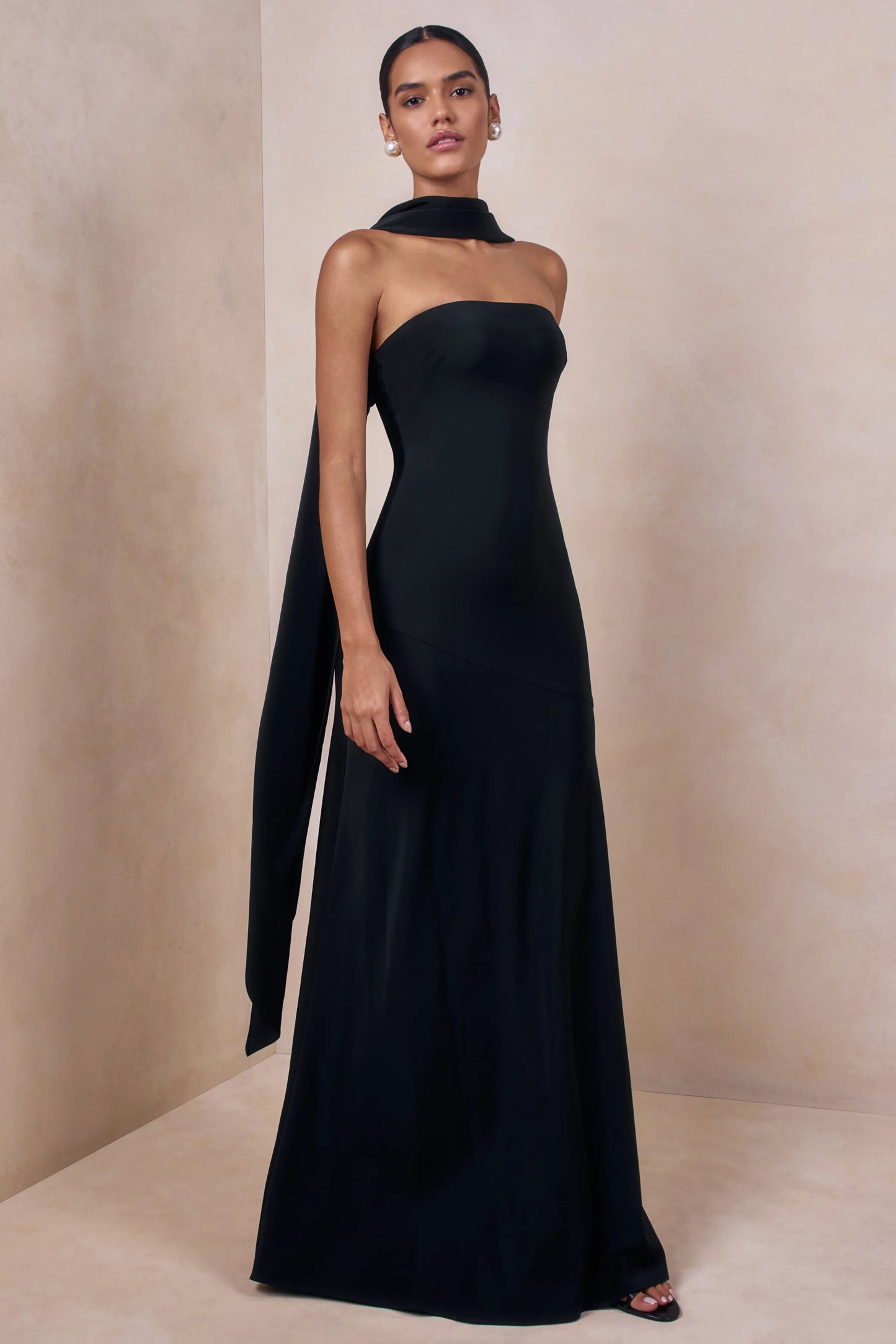 Charly Black Matte Satin Bandeau Maxi Dress With Scarf-Detail