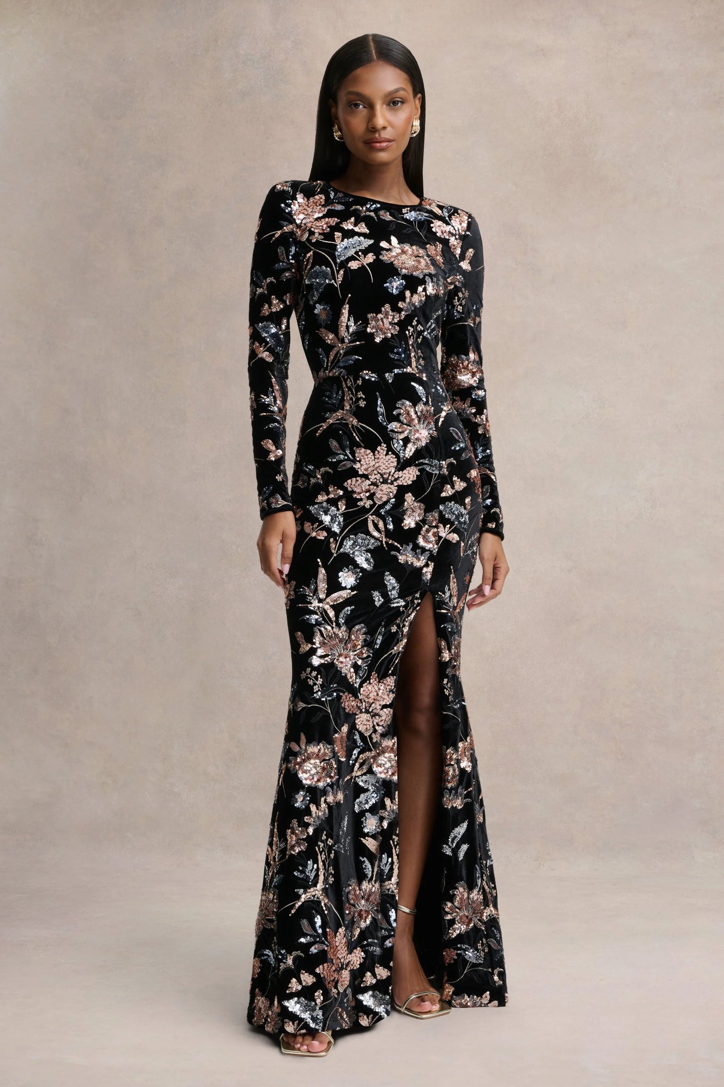 Lyric Black Floral Velvet And Sequin Embellished Crew-Neck Maxi Dress