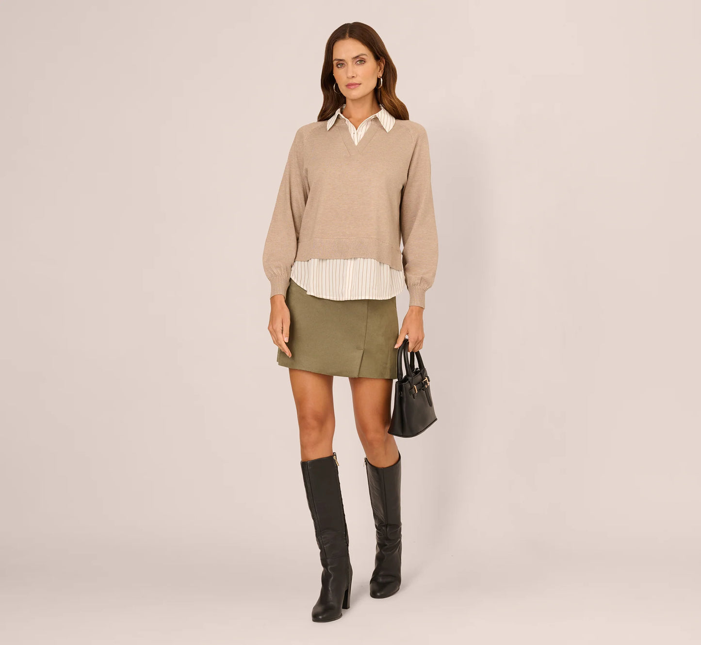 Long Sleeve Collared Printed Twover Sweater In H. Oatmeal W  Staple Stripe