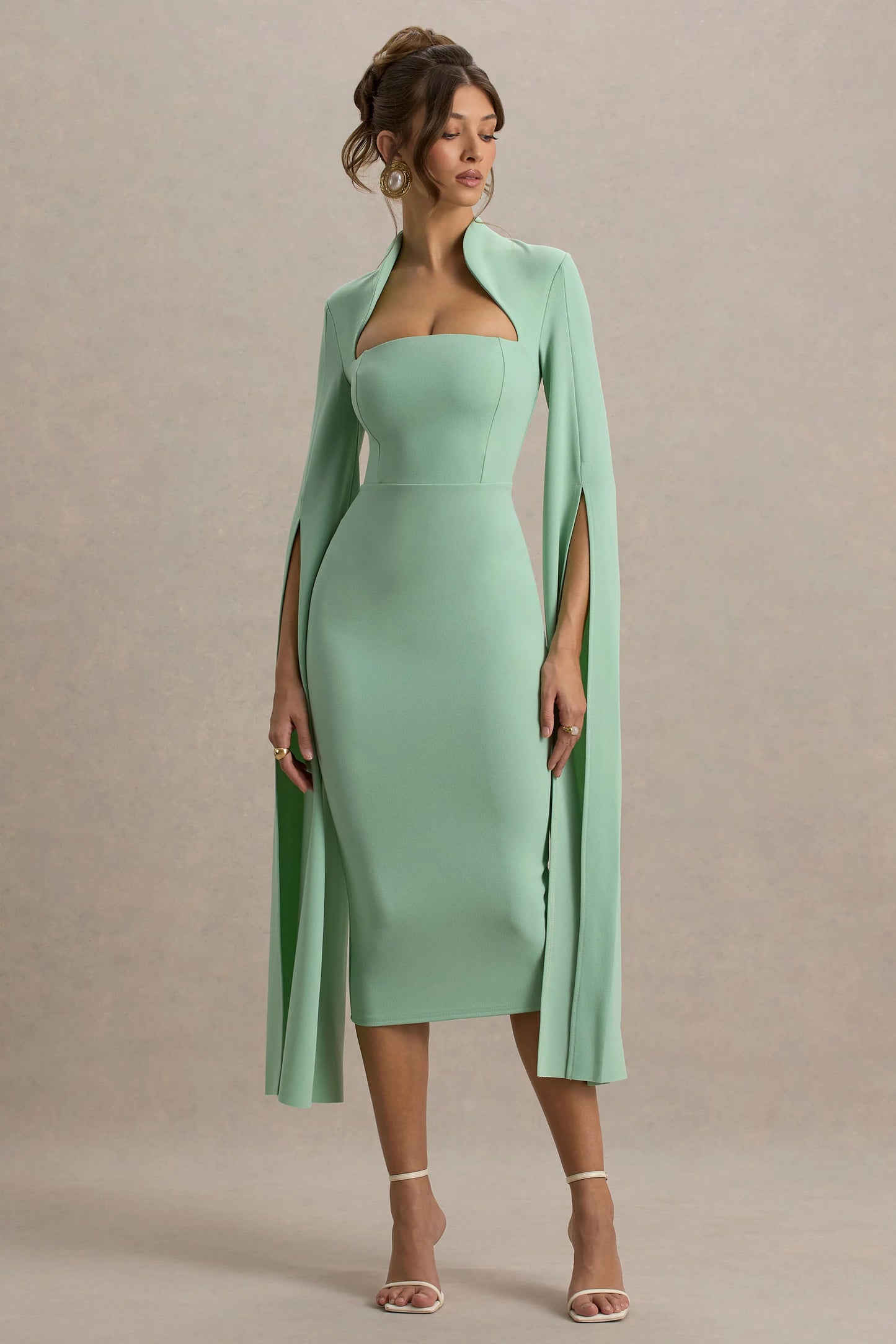 Linden Light Green Bodycon Cape-Sleeve Midi Dress