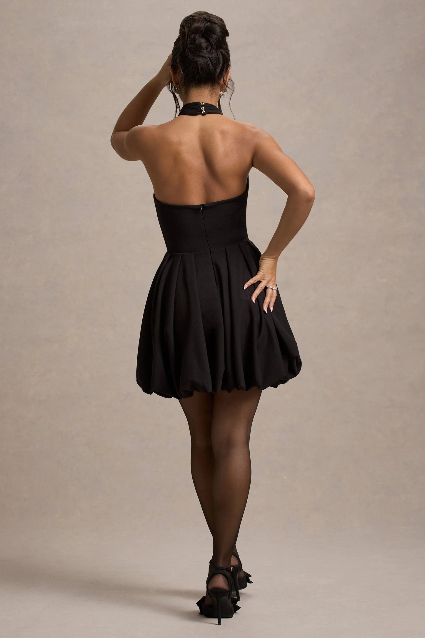 Klytie Black Halter-Neck Mini Dress With Puff-Ball Skirt