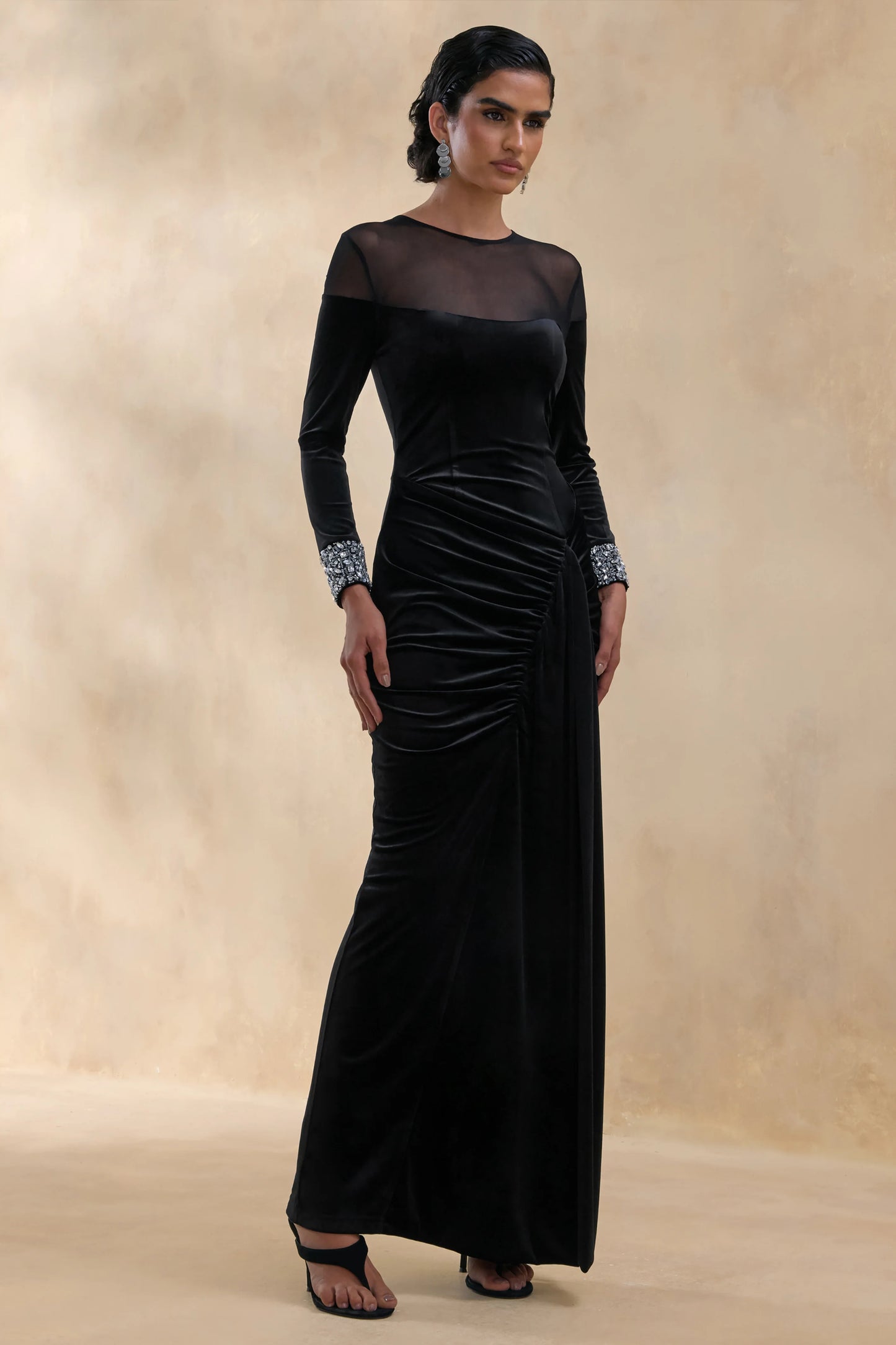 Perrin Black Velvet Crew-Neck Maxi Dress With Embellished Cuffs