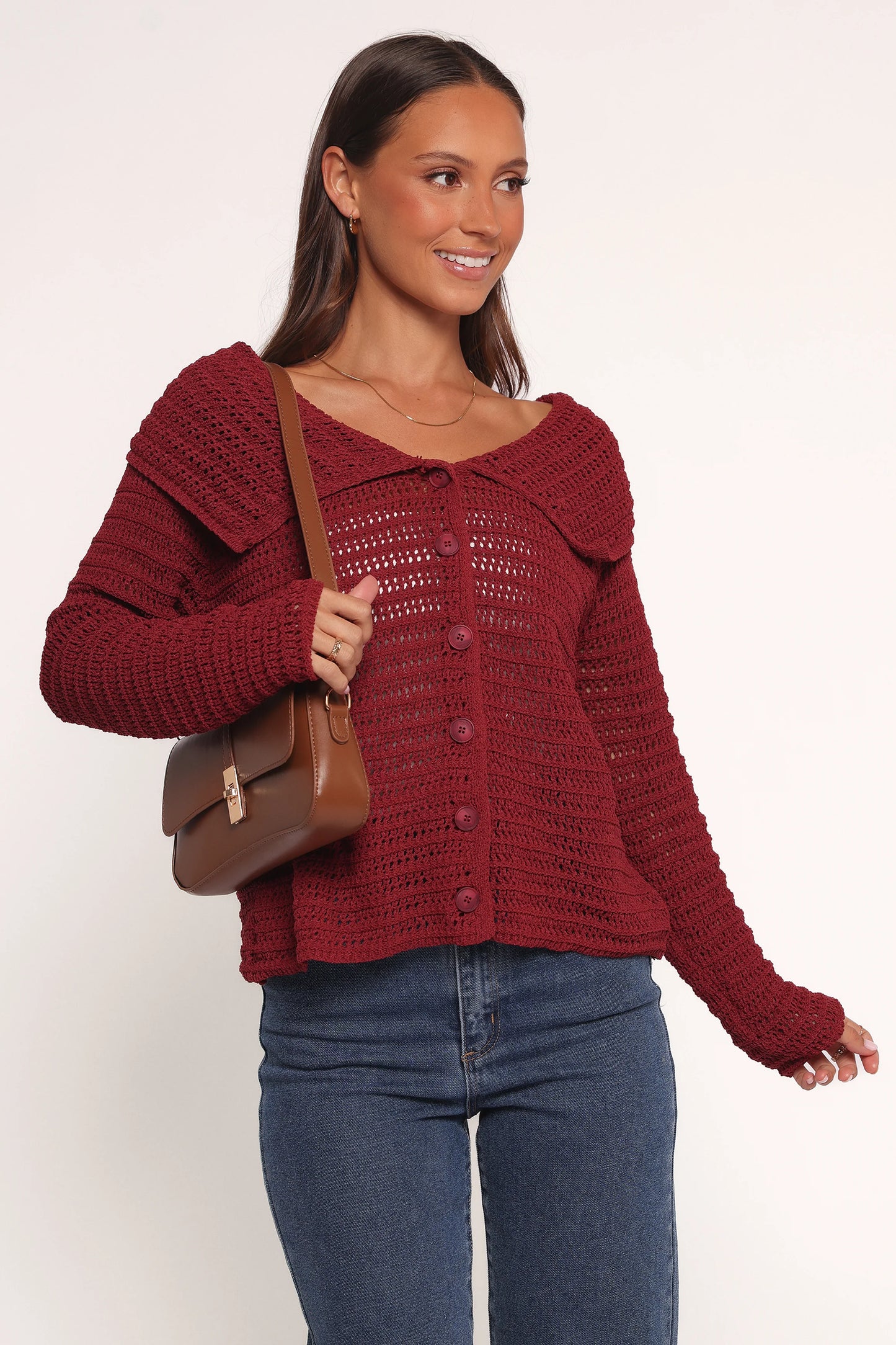 Lyra Large Collar Cardigan - Burgundy