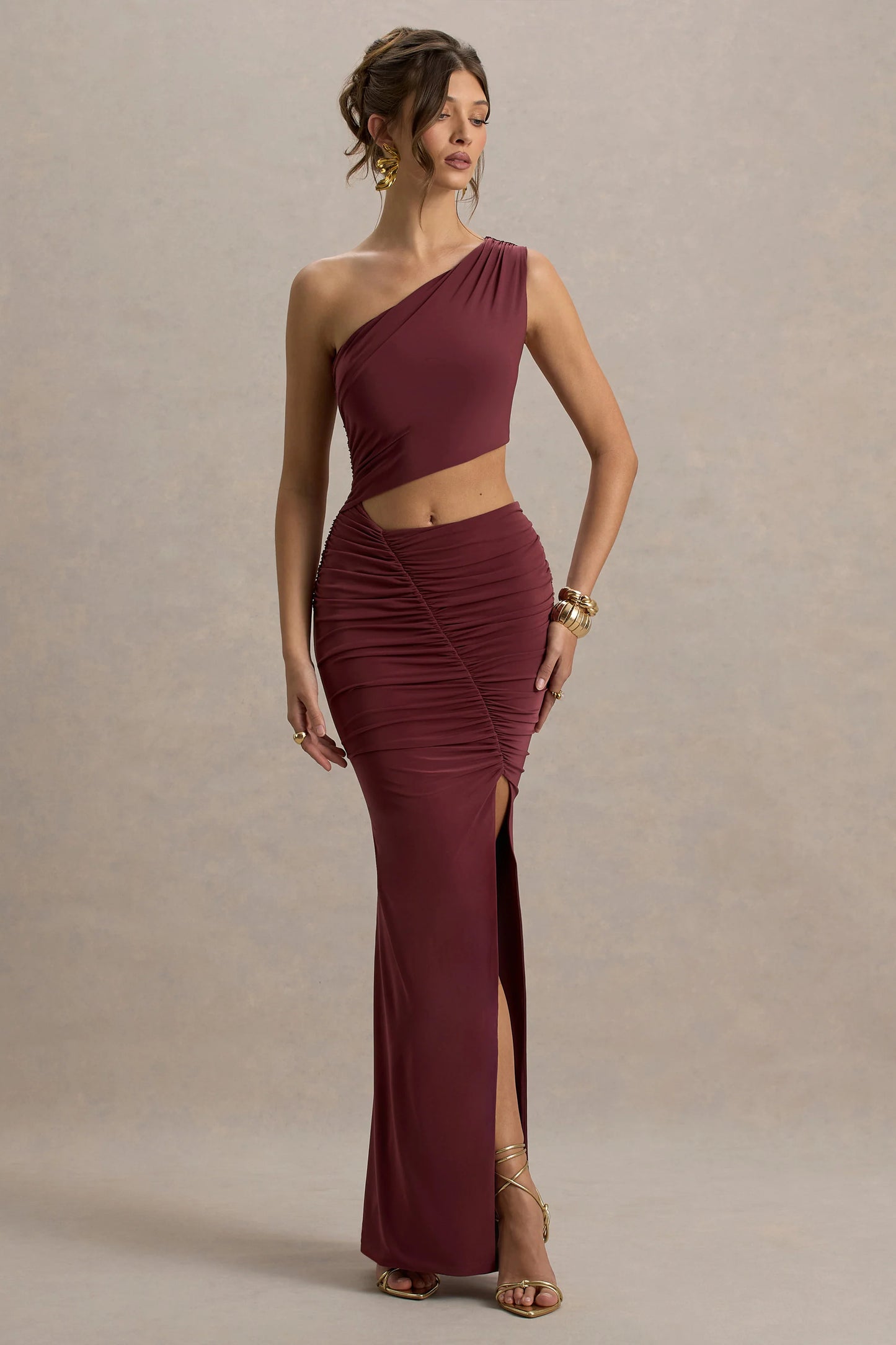 Sena Burgundy Asymmetric Maxi Dress With Cut Out Details