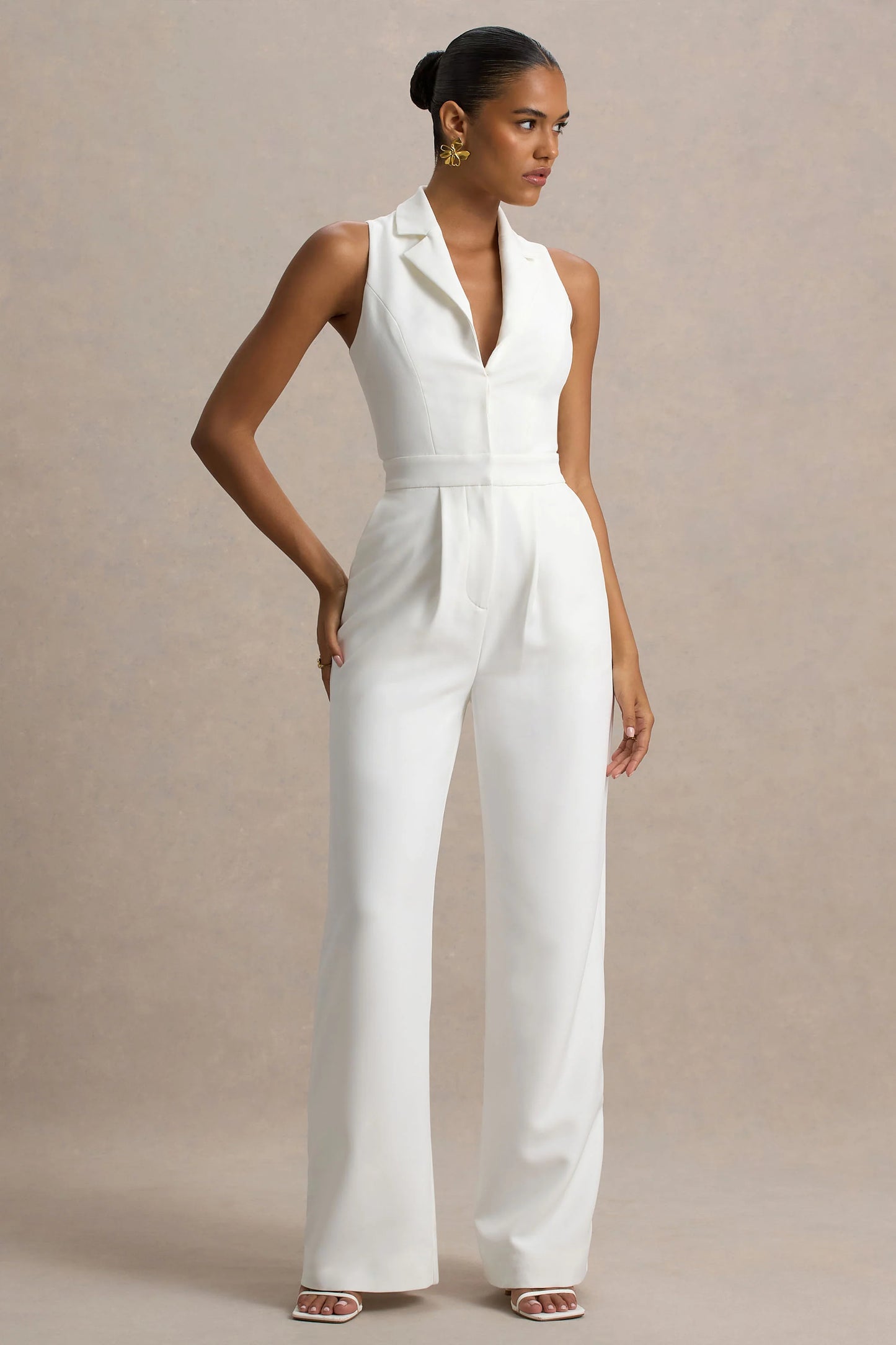 Trixie White Plunge-Neck Tailored Jumpsuit