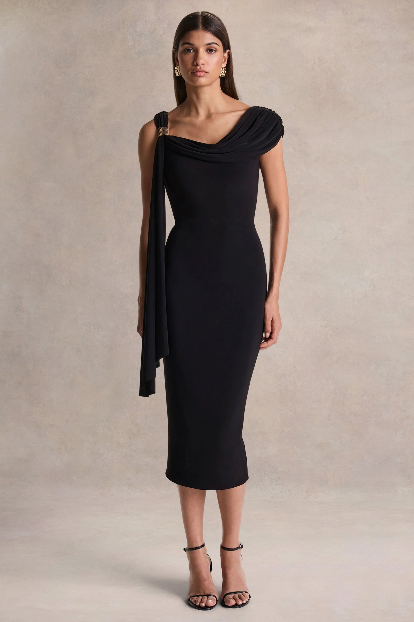 Mirelda Black Asymmetric-Neck Midi Dress With Gold-Detail