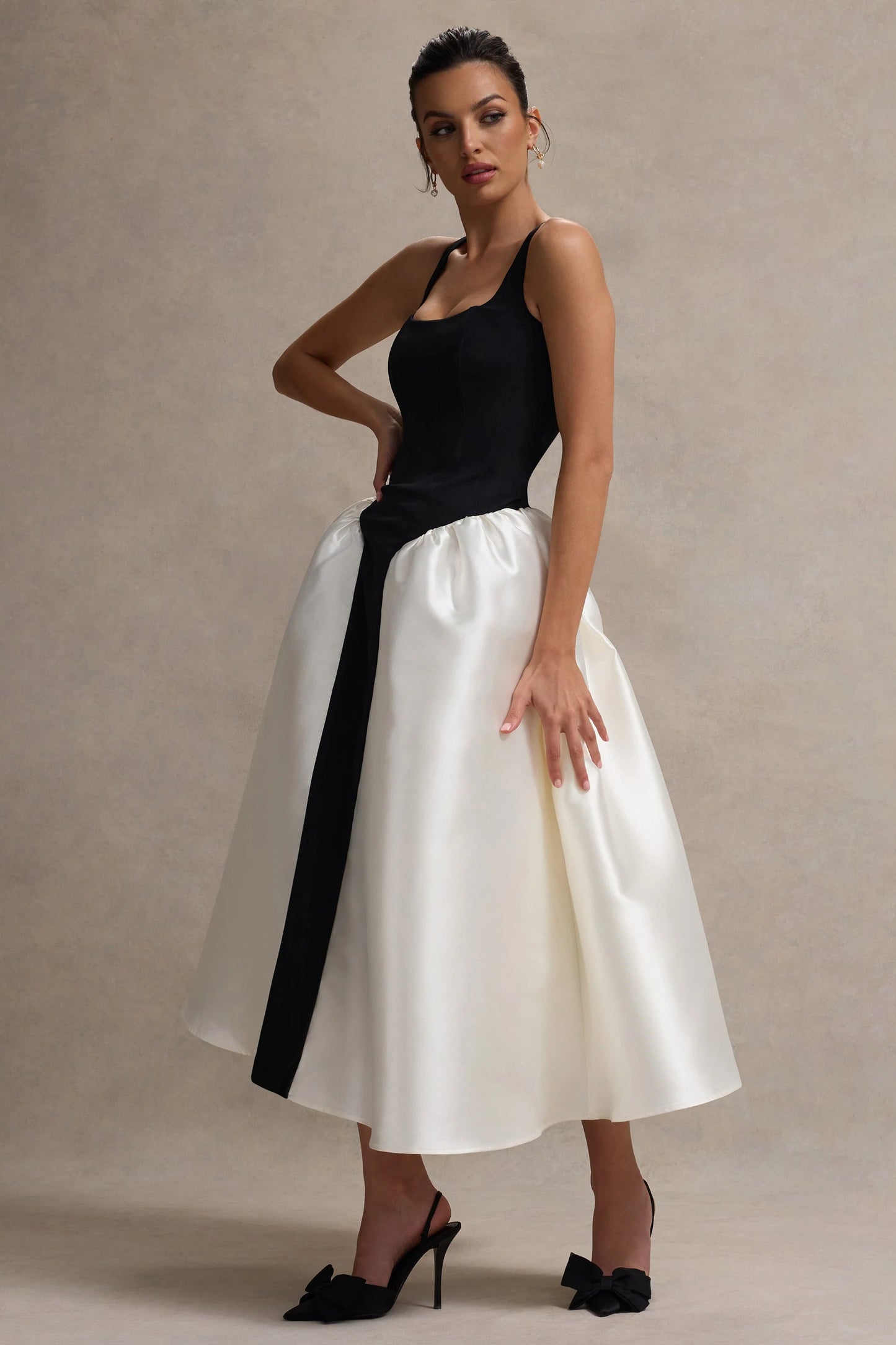 Christie Black and Cream Scoop-Neck Midi Dress With Volume Skirt