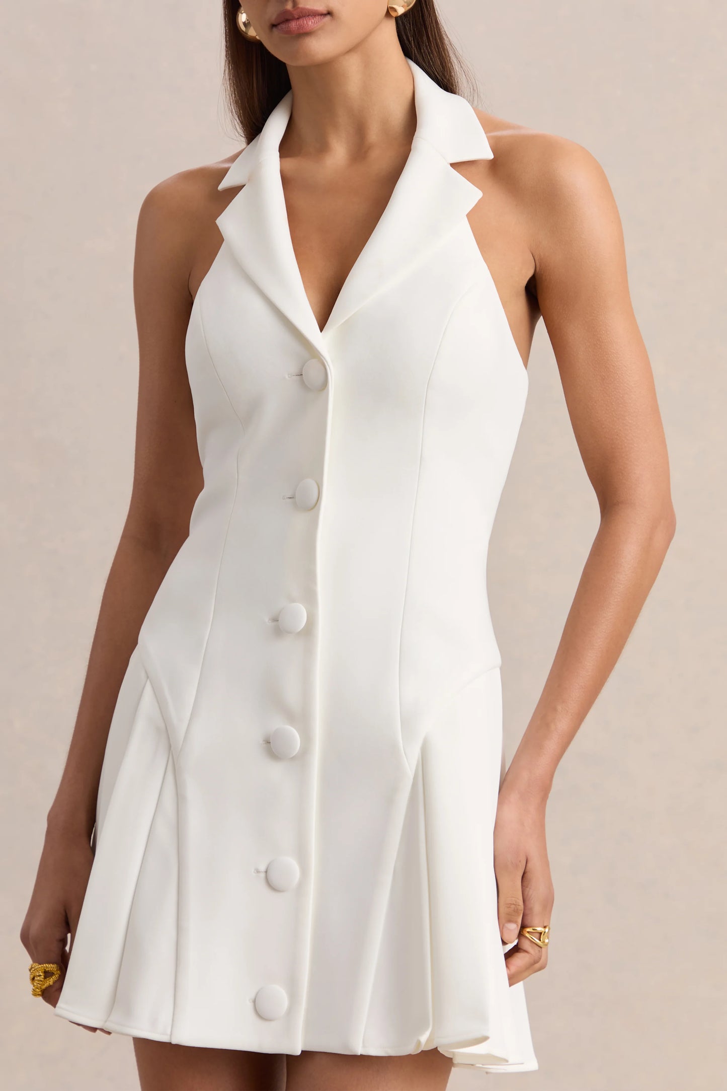 Valetta White Plunge-Neck Tailored Mini Dress