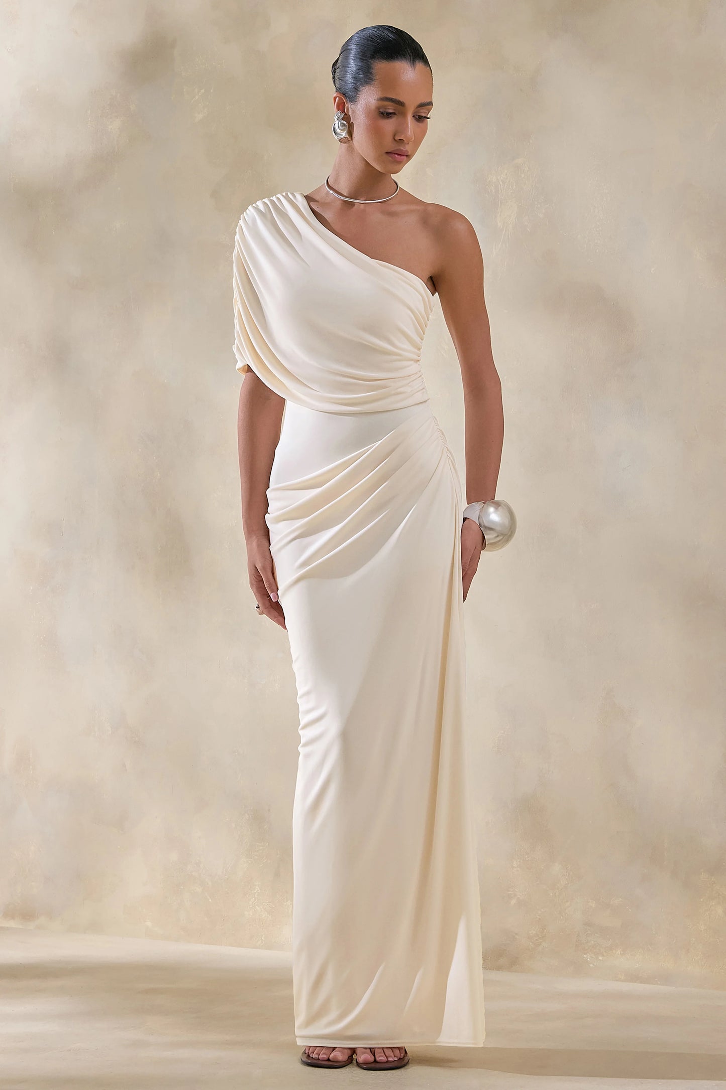 Iberia Cream Asymmetric-Neck Maxi Dress With Draped Detail
