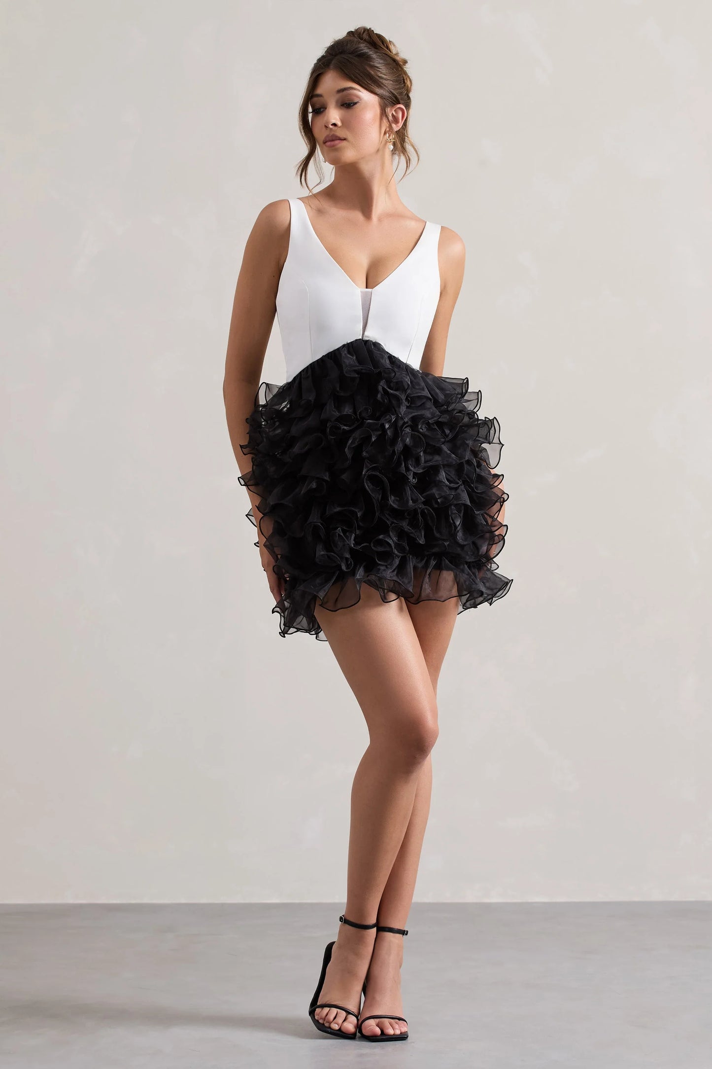 Riot Black & White Plunge-Neck Mini Dress With Organza Skirt