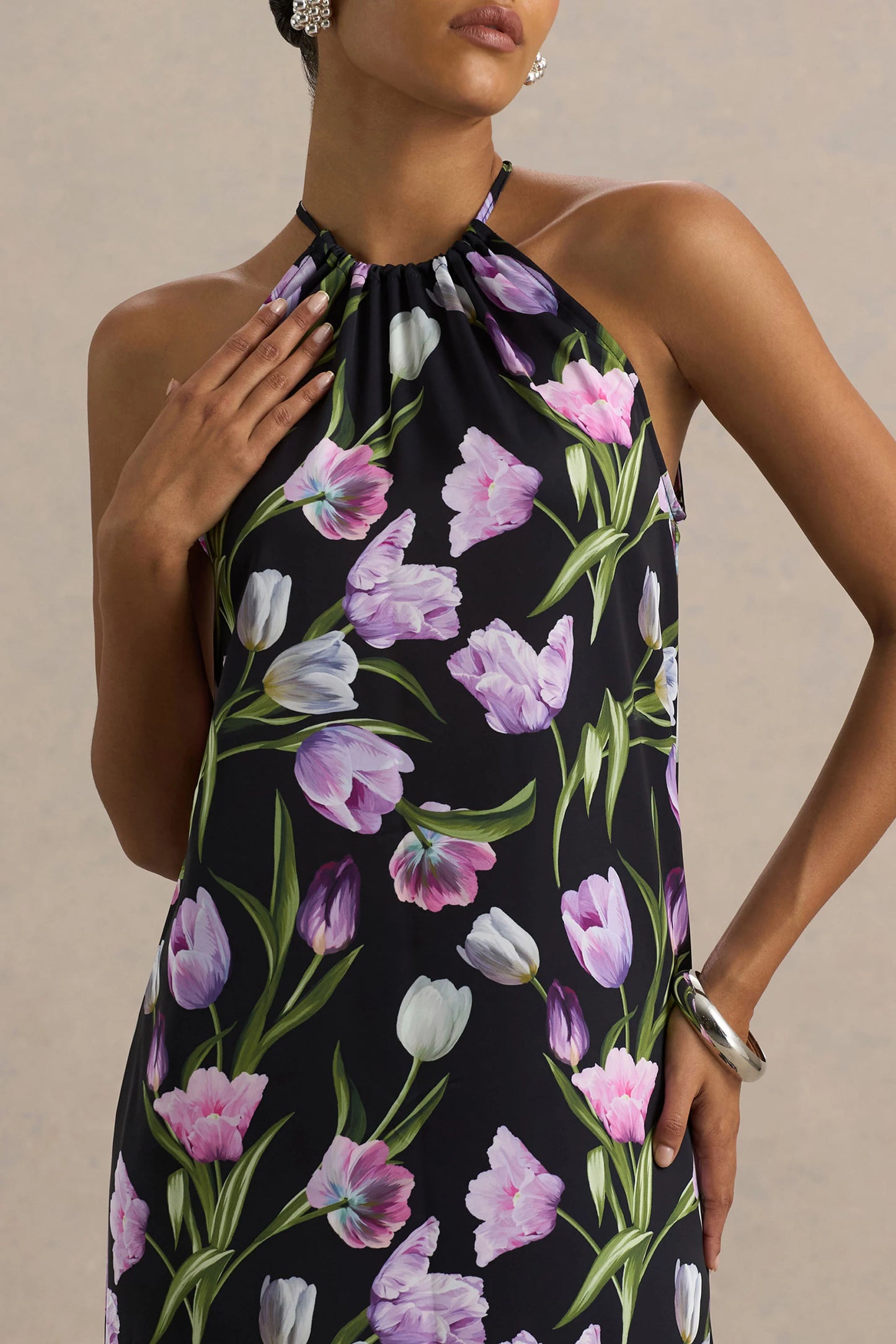Svana Black Satin Floral Asymmetric Halter-Neck Maxi Dress